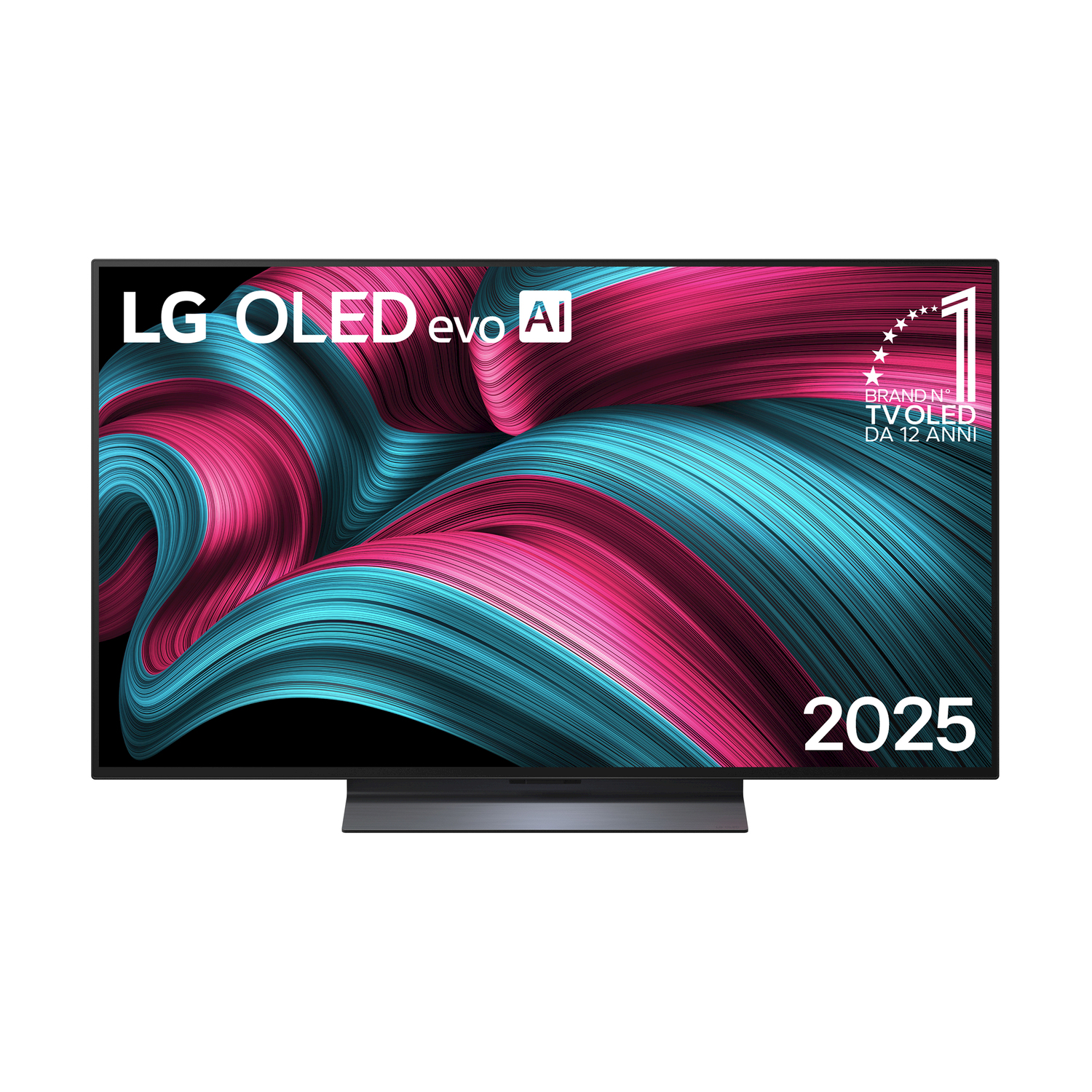LG OLED evo AI TV, schermo grande con design astratto. Visualizza 2025 e un logo.