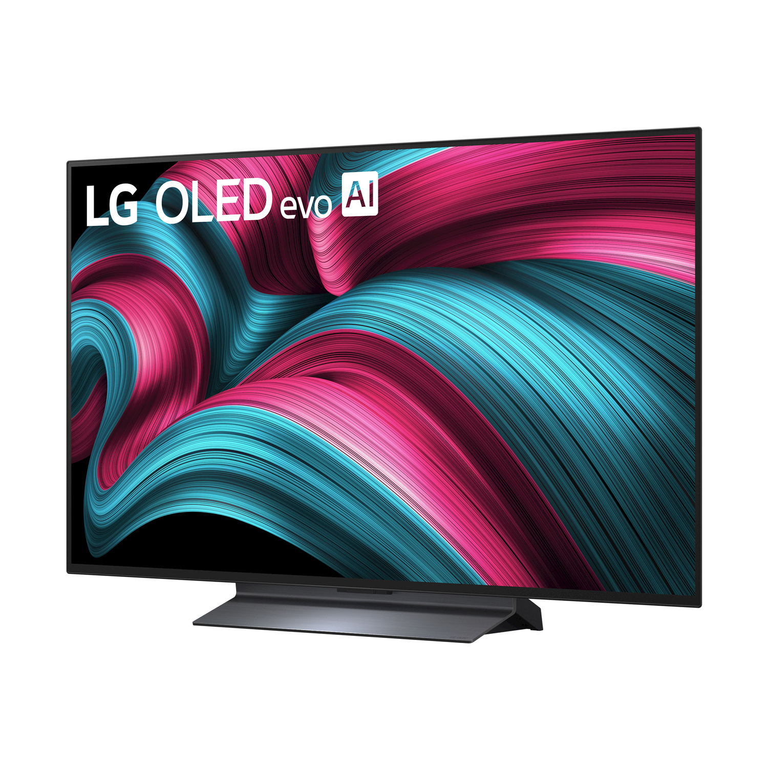 TV LG OLED evo AI con arte ondulata colorata su un supporto. Bianco e nero.