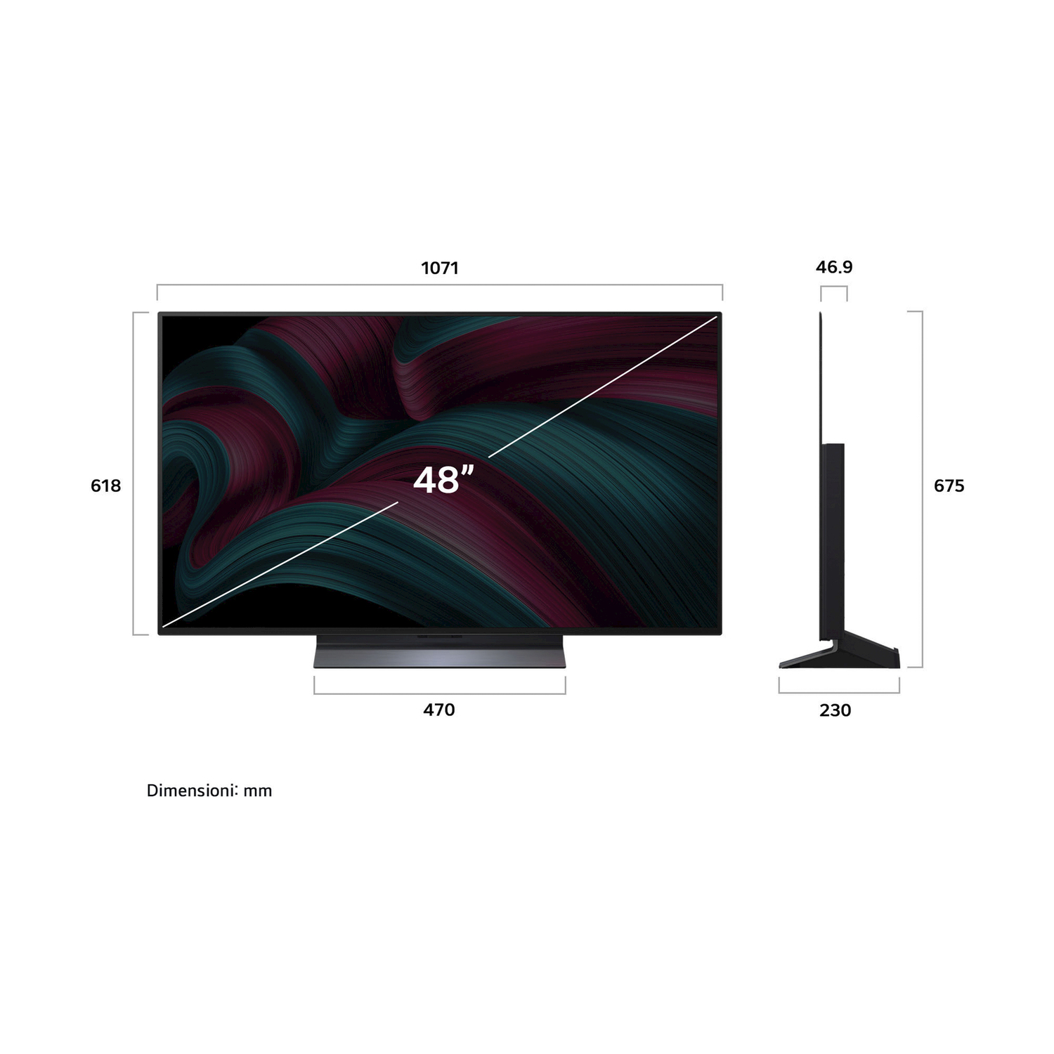 Diagramma di un TV da 48 pollici con dimensioni, vista laterale con supporto.