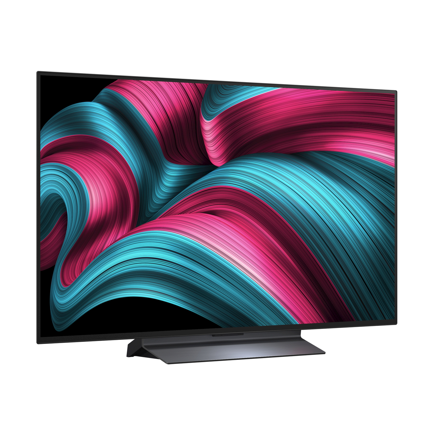 TV nero con supporto, mostra linee fluide rosse e blu, su sfondo nero.