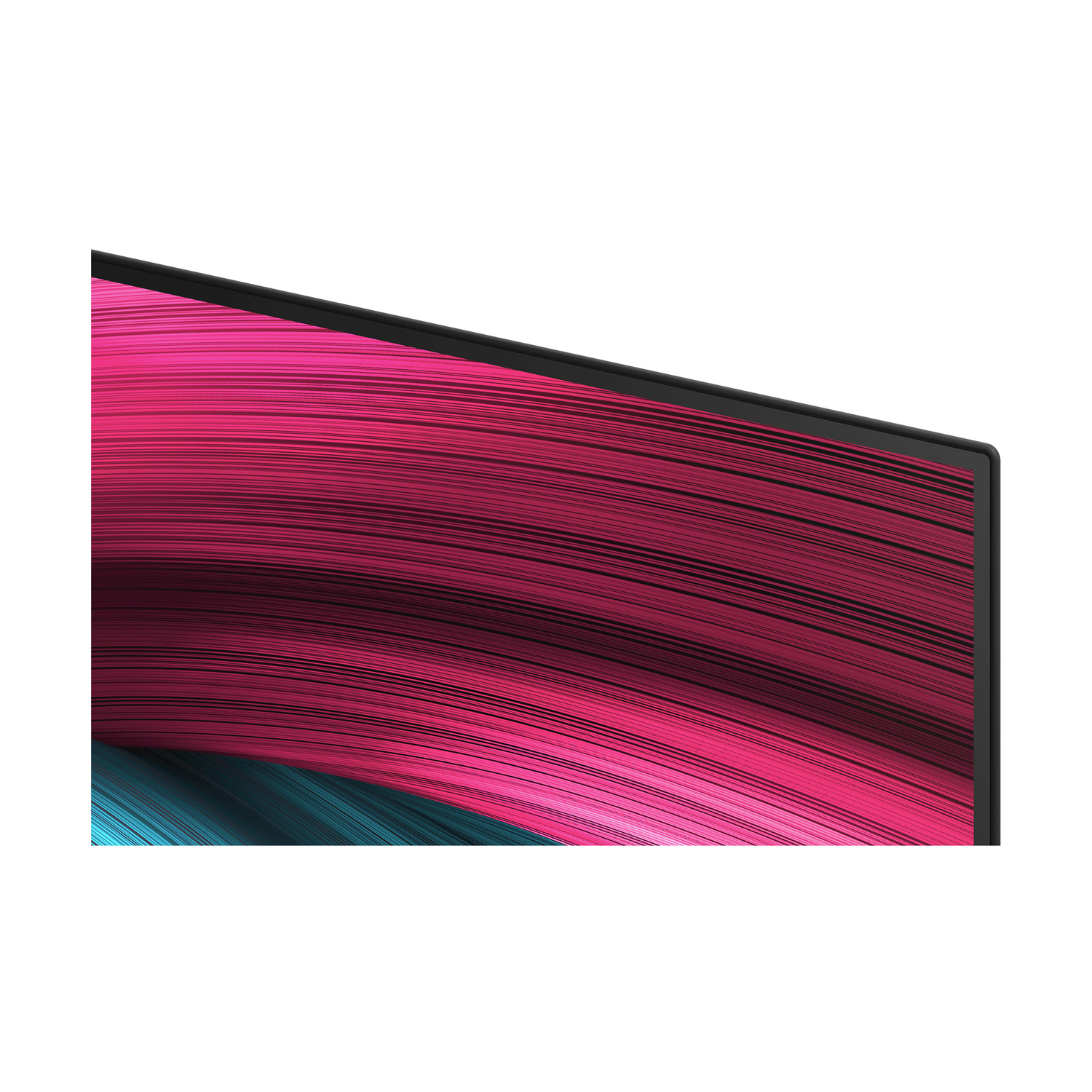 Primo piano di uno schermo TV con linee astratte rosa e blu.