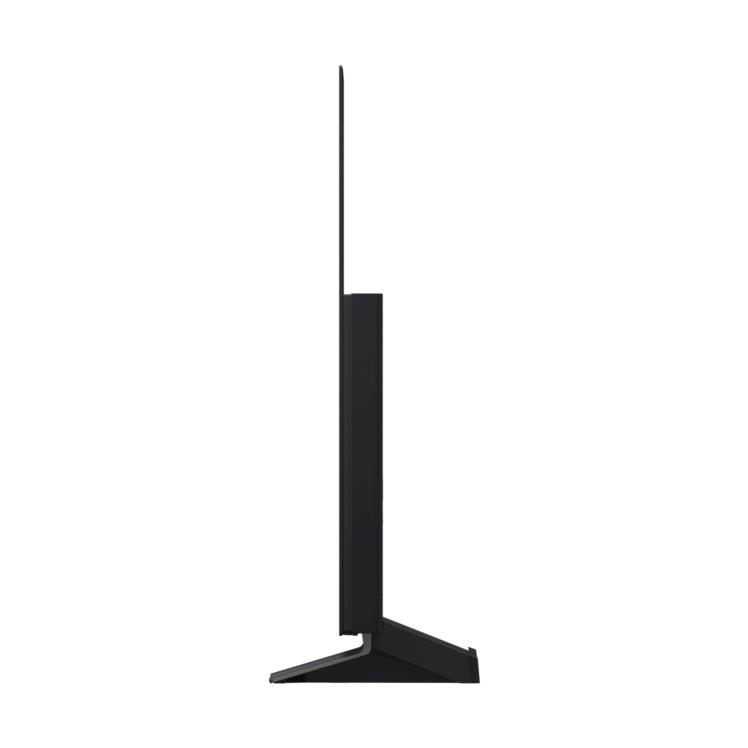 Una vista laterale di un televisore nero. Ha un design sottile con un supporto. Lo schermo è nero.