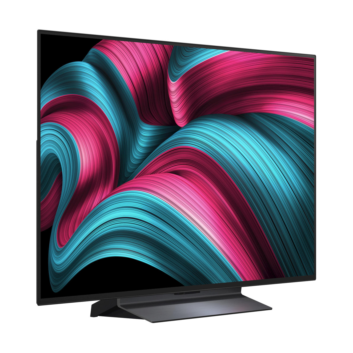 TV con display astratto colorato. Supporto e cornice neri.
