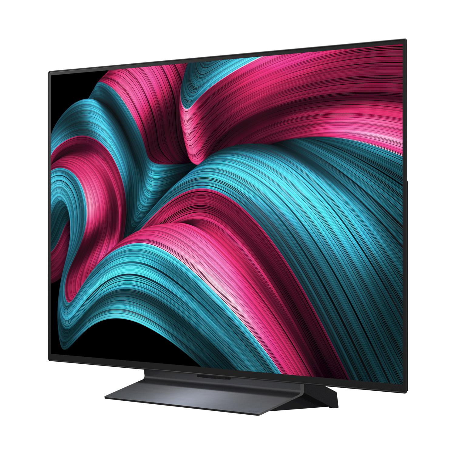 Un grande televisore a schermo piatto con un design astratto blu e rosa sullo schermo.