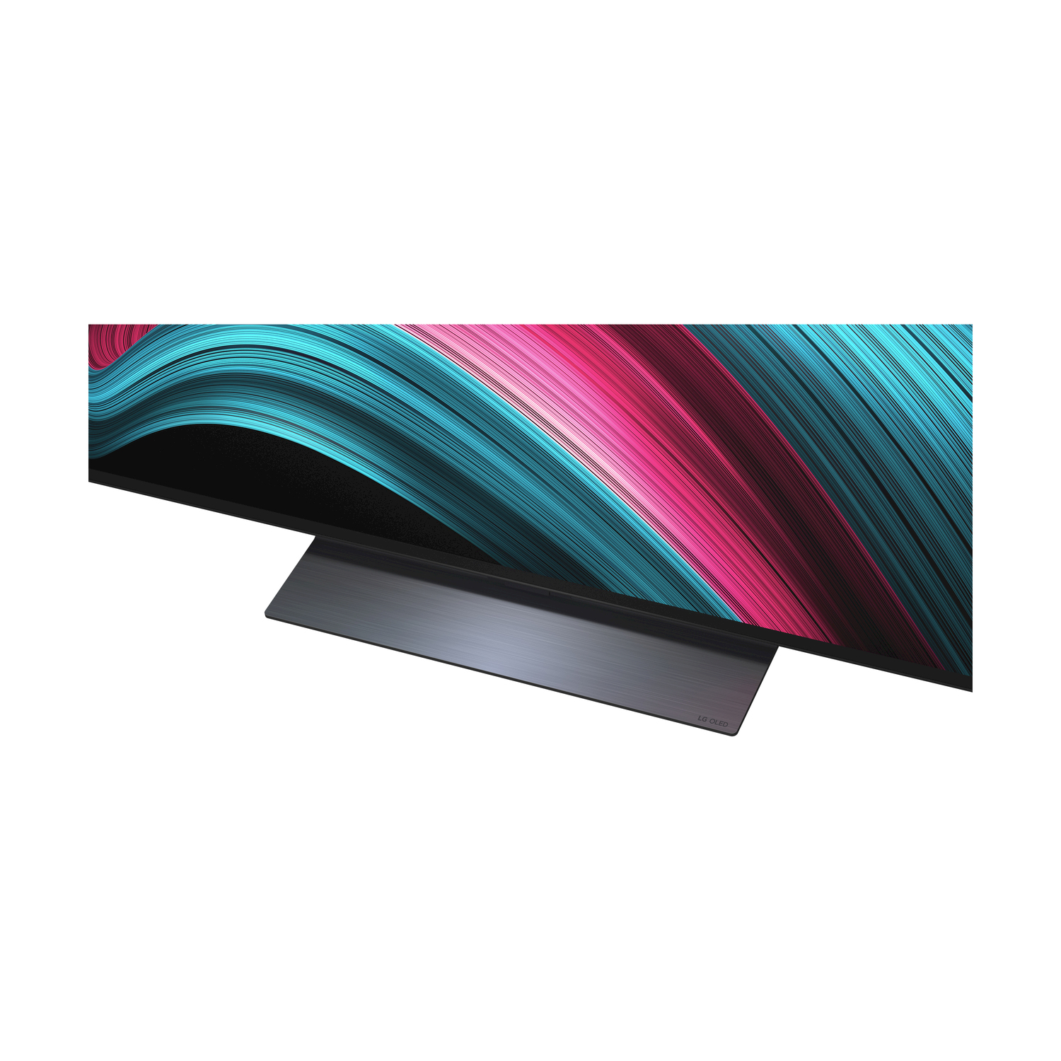 Un primo piano di una TV che mostra un design astratto colorato sullo schermo e un supporto in basso.