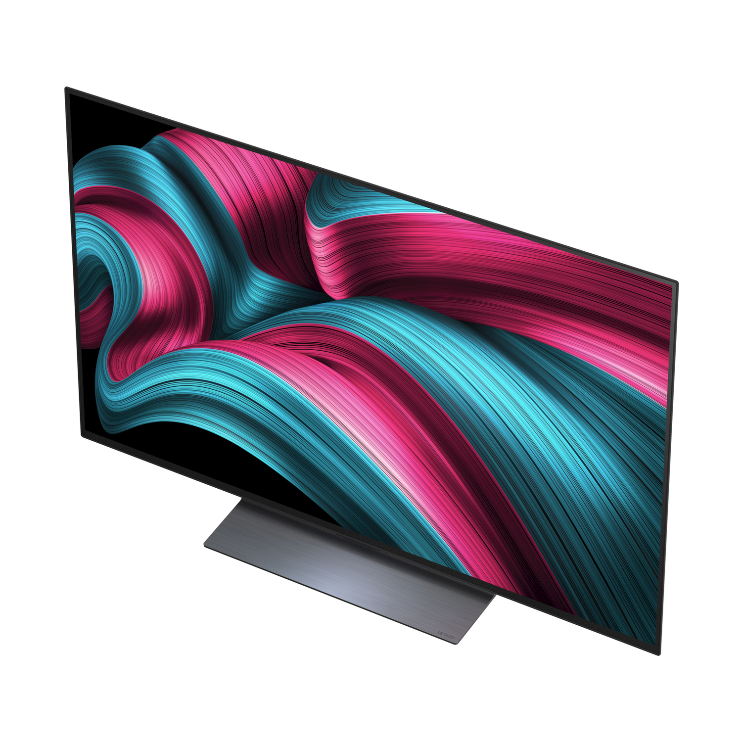 Una moderna TV mostra un colorato motivo astratto in blu e rosa. La TV è su un supporto, isolata su sfondo bianco.