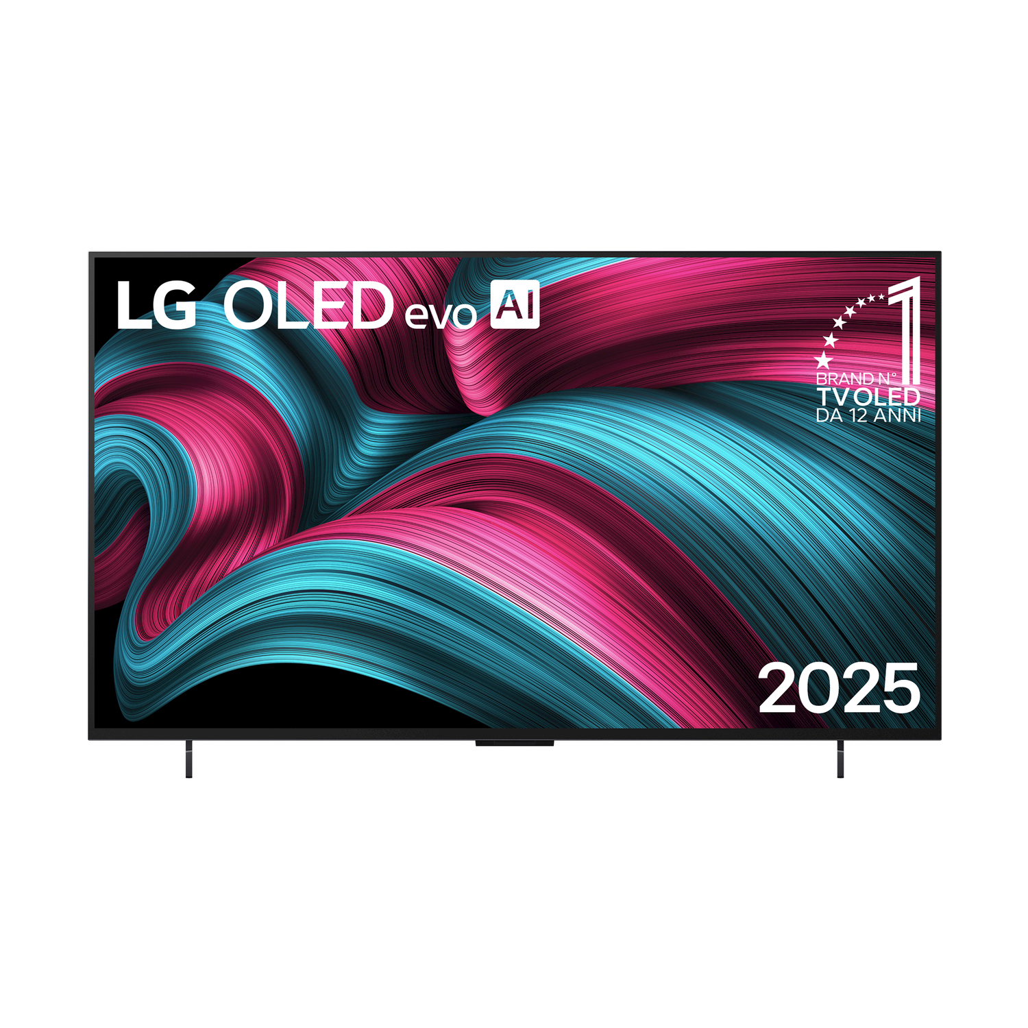 TV LG OLED evo AI con immagine astratta colorata. La TV è nera.