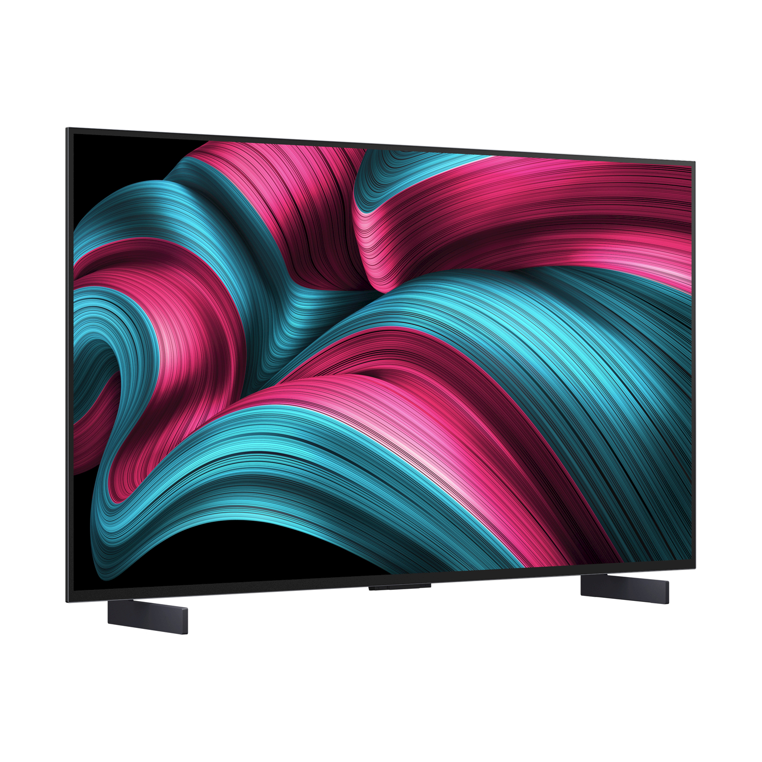 Schermo televisivo con design astratto colorato, cornice nera e supporto.