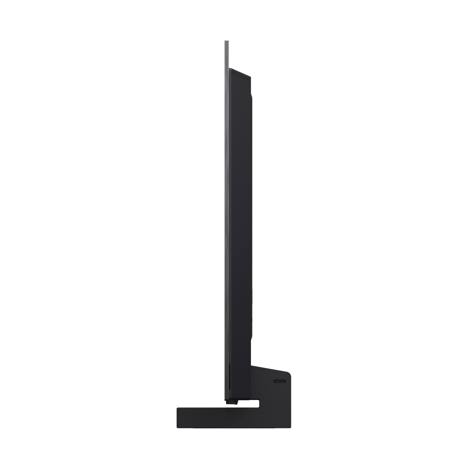 Una vista laterale di una TV. È nera e ha un supporto sul fondo.