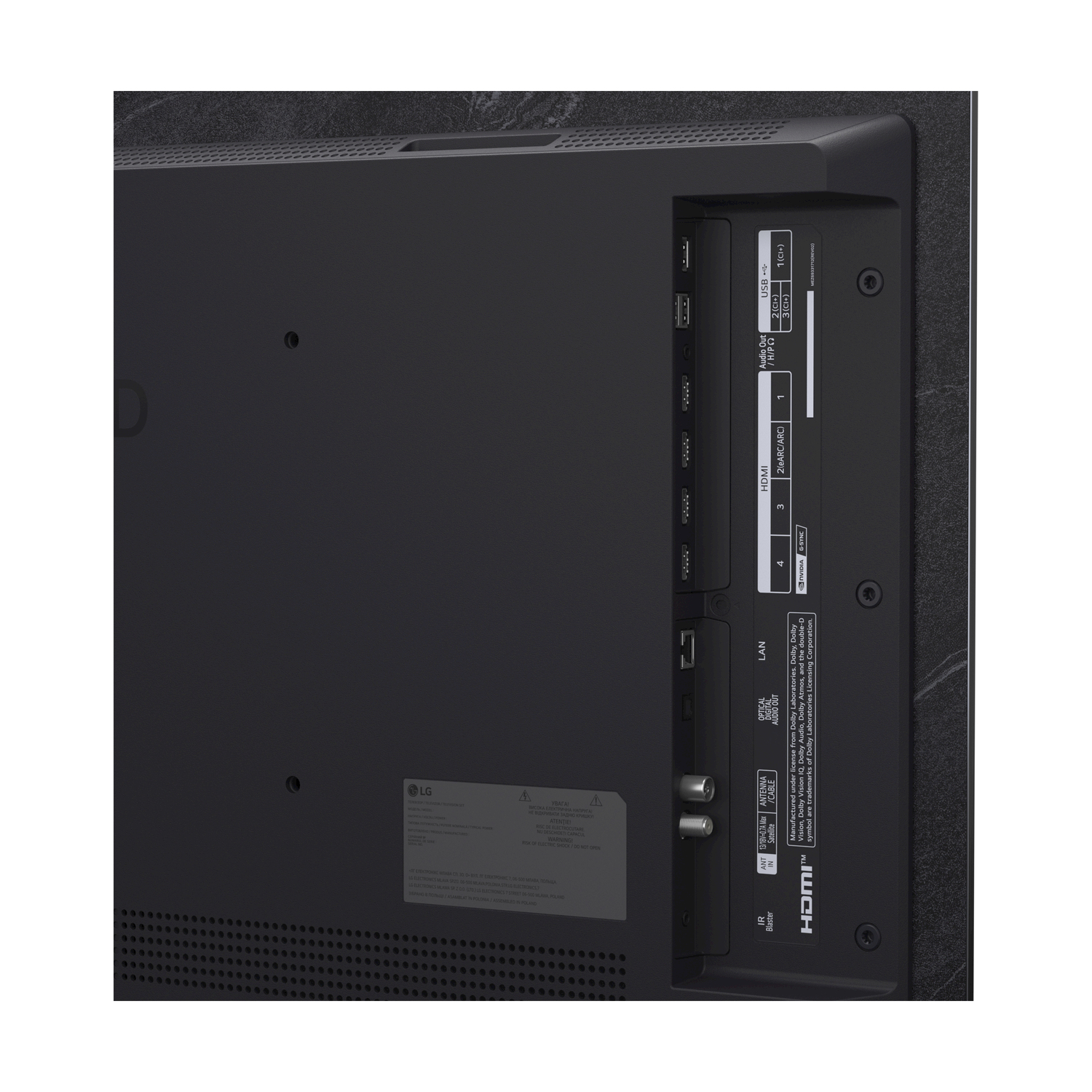 Pannello posteriore di una TV nera, con varie porte per HDMI, LAN e altre connessioni.
