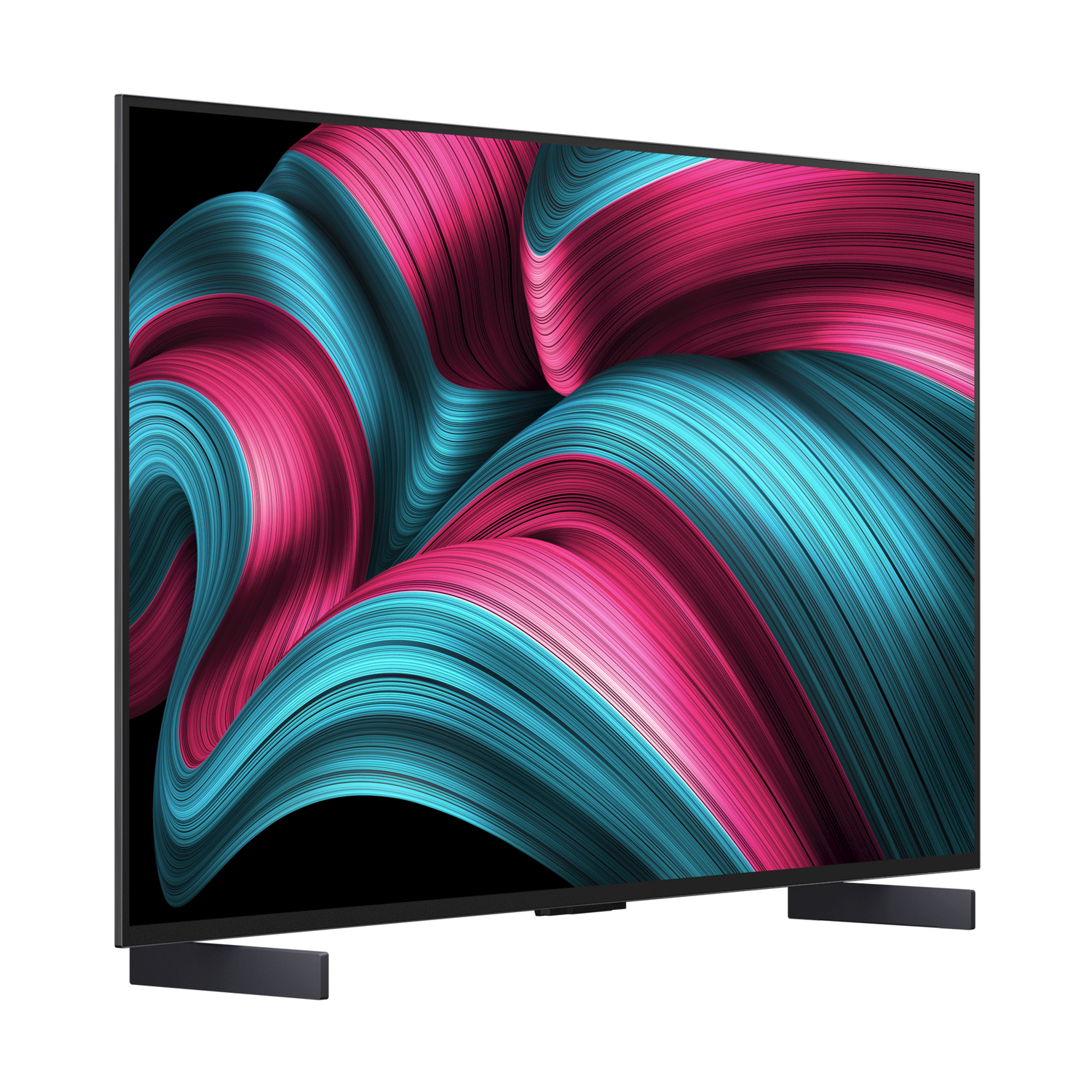 Uno schermo TV con un motivo a spirale di onde astratte blu e rosa. Cornice e supporto neri.