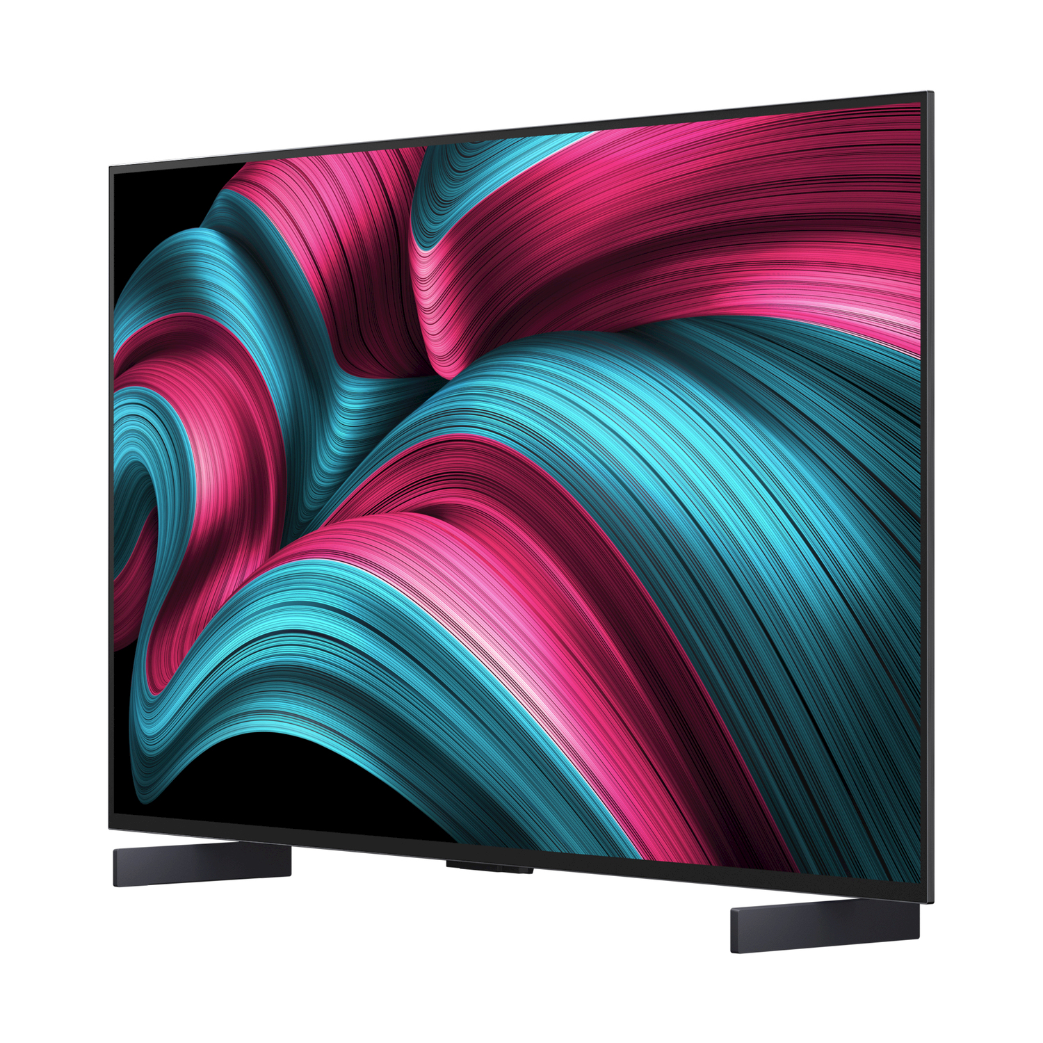 Una TV moderna che mostra un motivo astratto colorato, posizionata su un supporto nero.