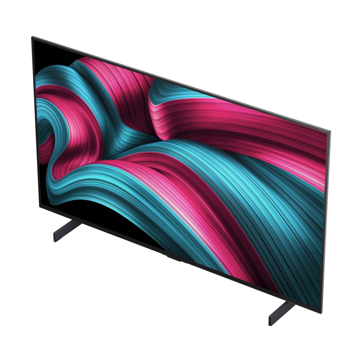 Un televisore nero è inclinato verso lo spettatore, mostrando un design astratto colorato.