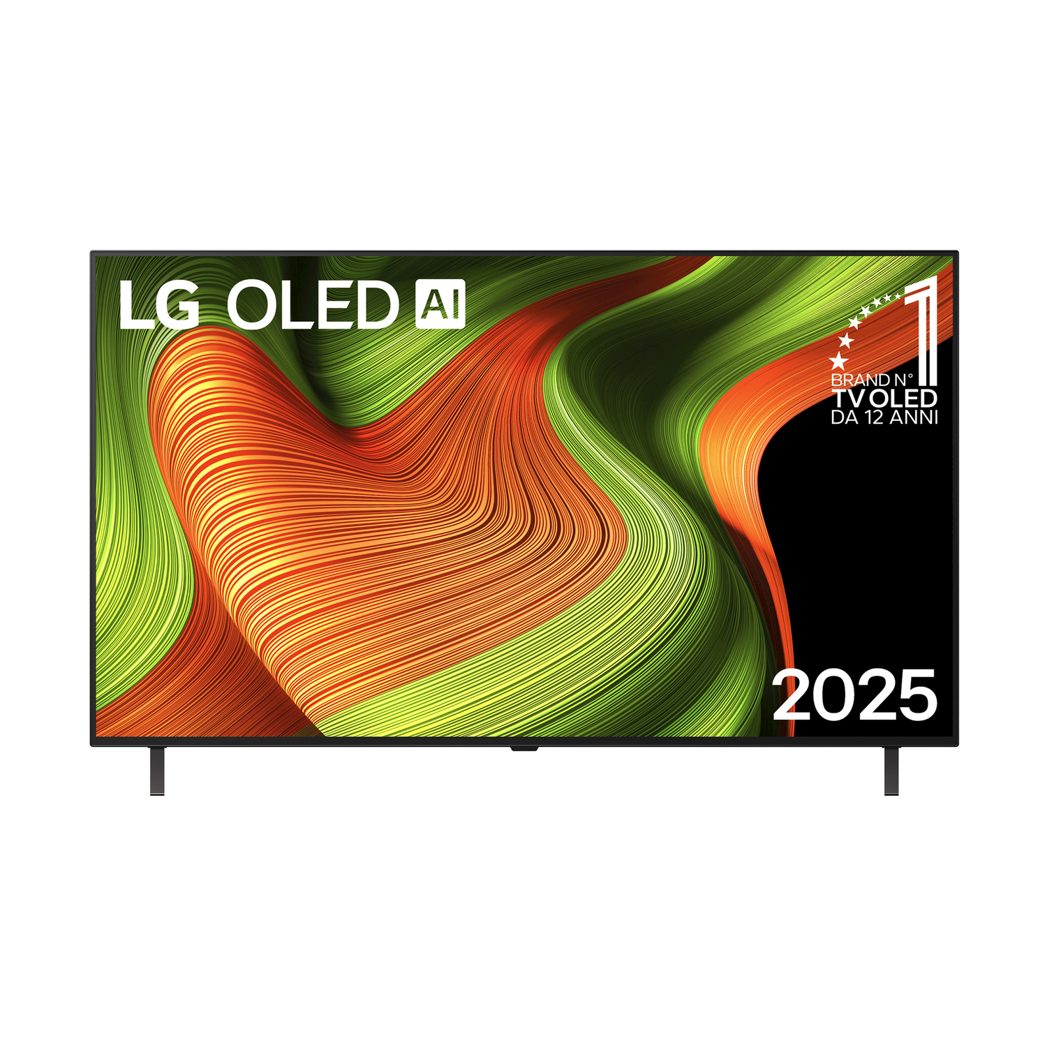 TV LG OLED AI nera. Motivo astratto a spirale arancione e verde. Supporto e cornice neri.