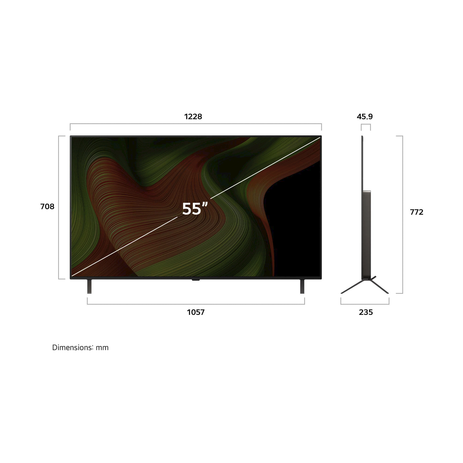 TV da 55 pollici con dimensioni, cornice nera e supporto. Lo schermo mostra un design verde e rosso.