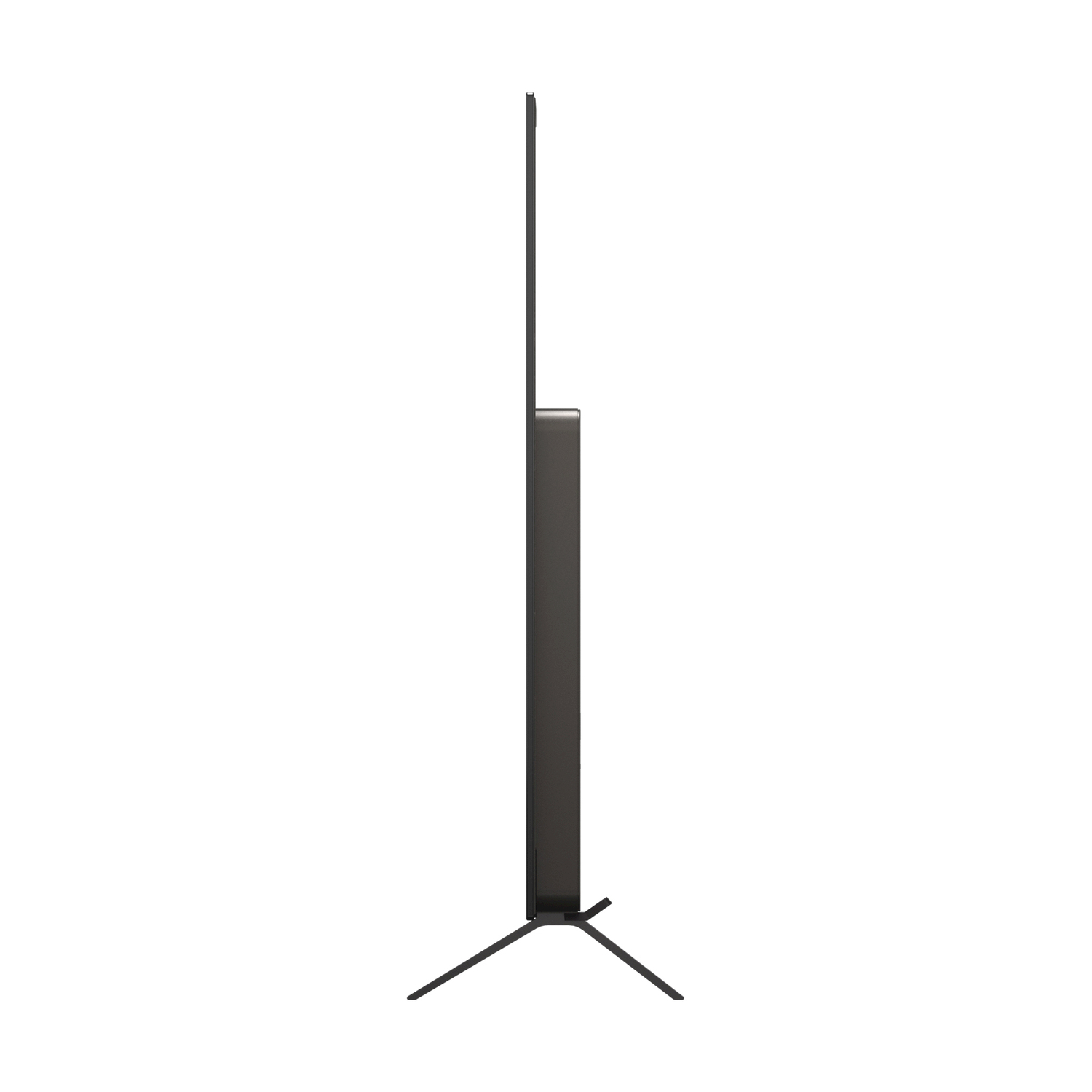 Vista laterale di una TV nera con supporto sottile, isolata su sfondo bianco.