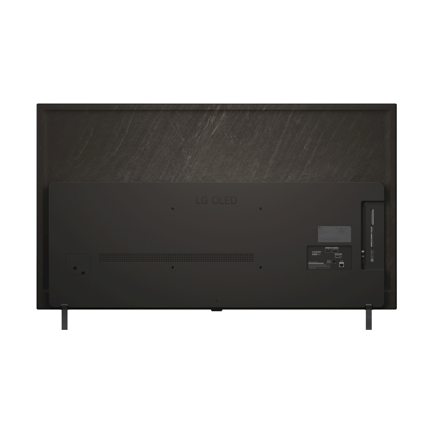 Vista posteriore di un TV LG OLED. Mostra il pannello posteriore, le porte e il supporto. Texture di marmo scuro.