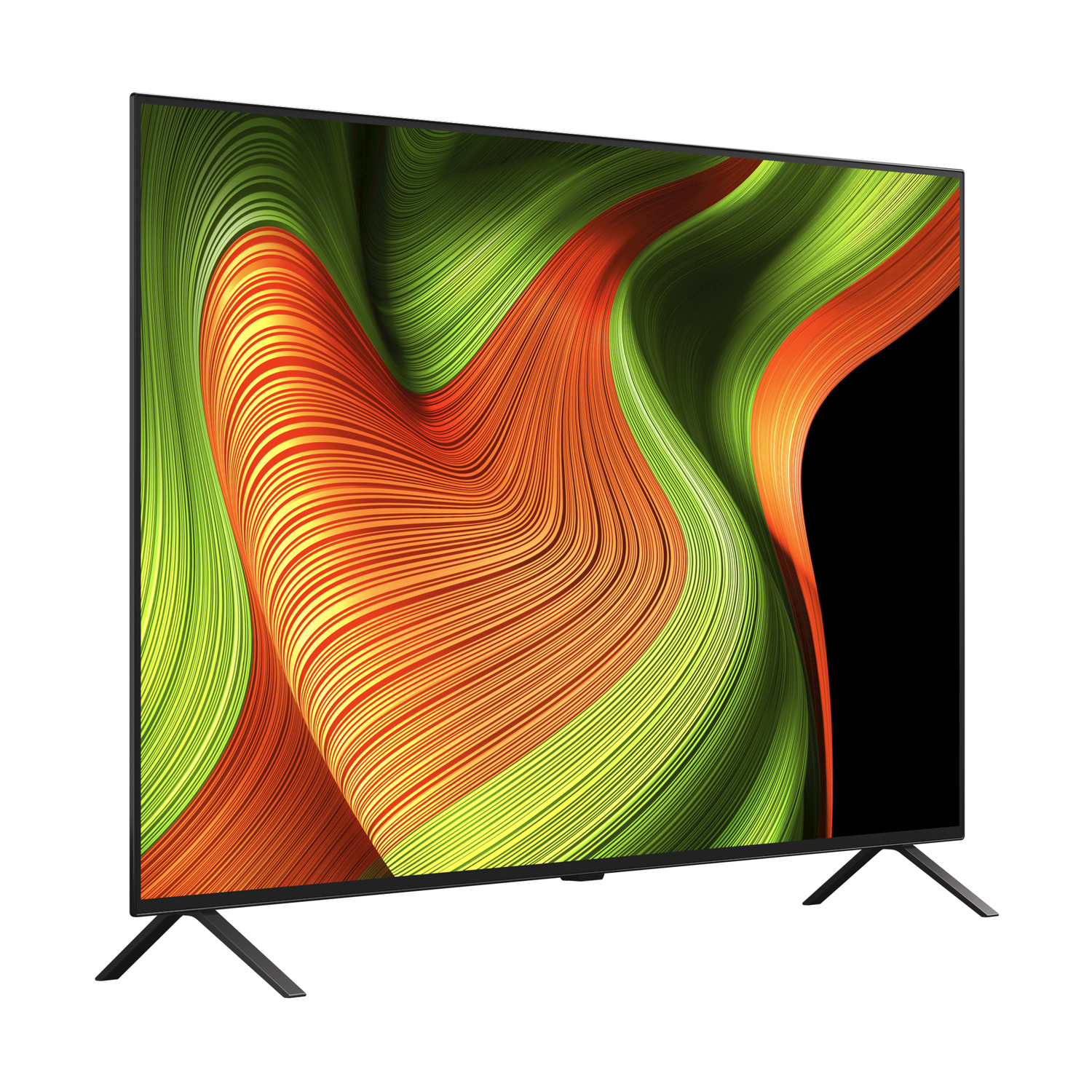Un grande TV mostra un design astratto arancione, verde e nero.