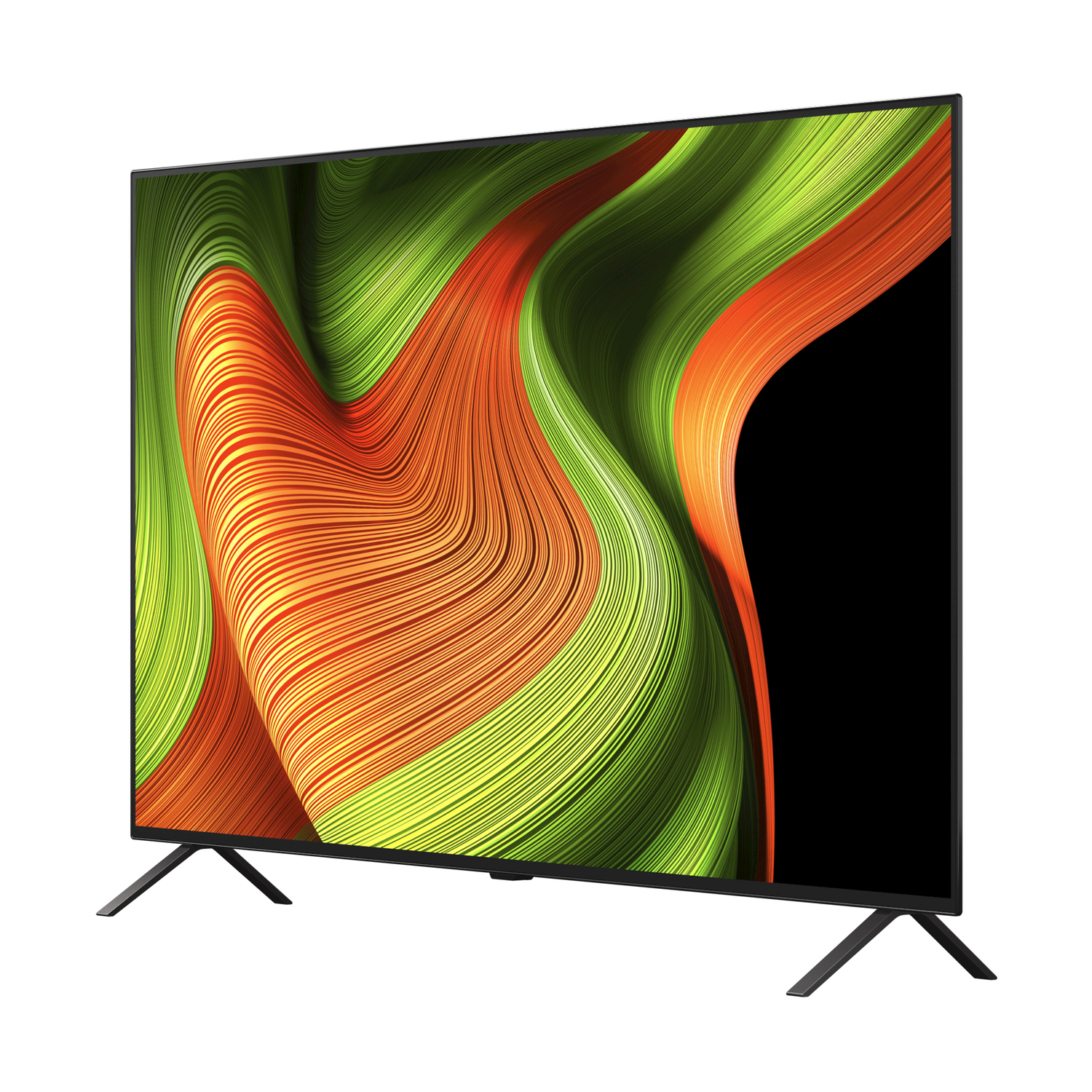 Una TV moderna con un design astratto verde, arancione e nero sullo schermo, su uno sfondo nero.