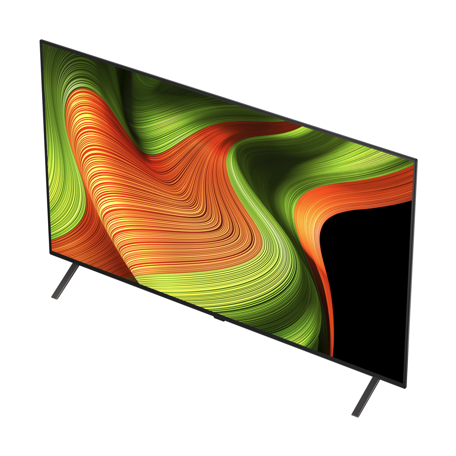 Una TV nera con un design astratto colorato sullo schermo, angolato, su sfondo bianco.