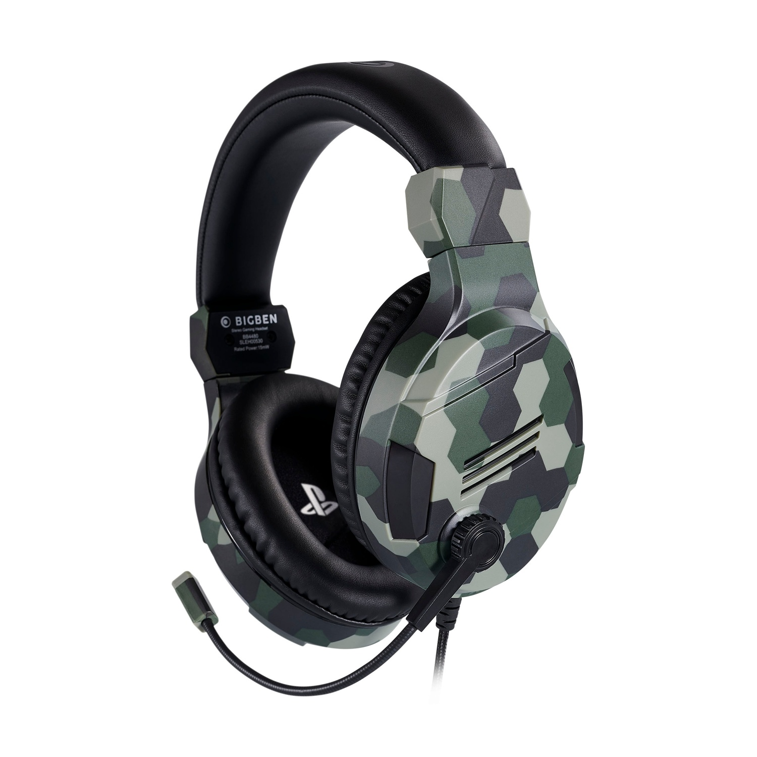Cuffie da gioco mimetiche con microfono, fascia e padiglioni neri.