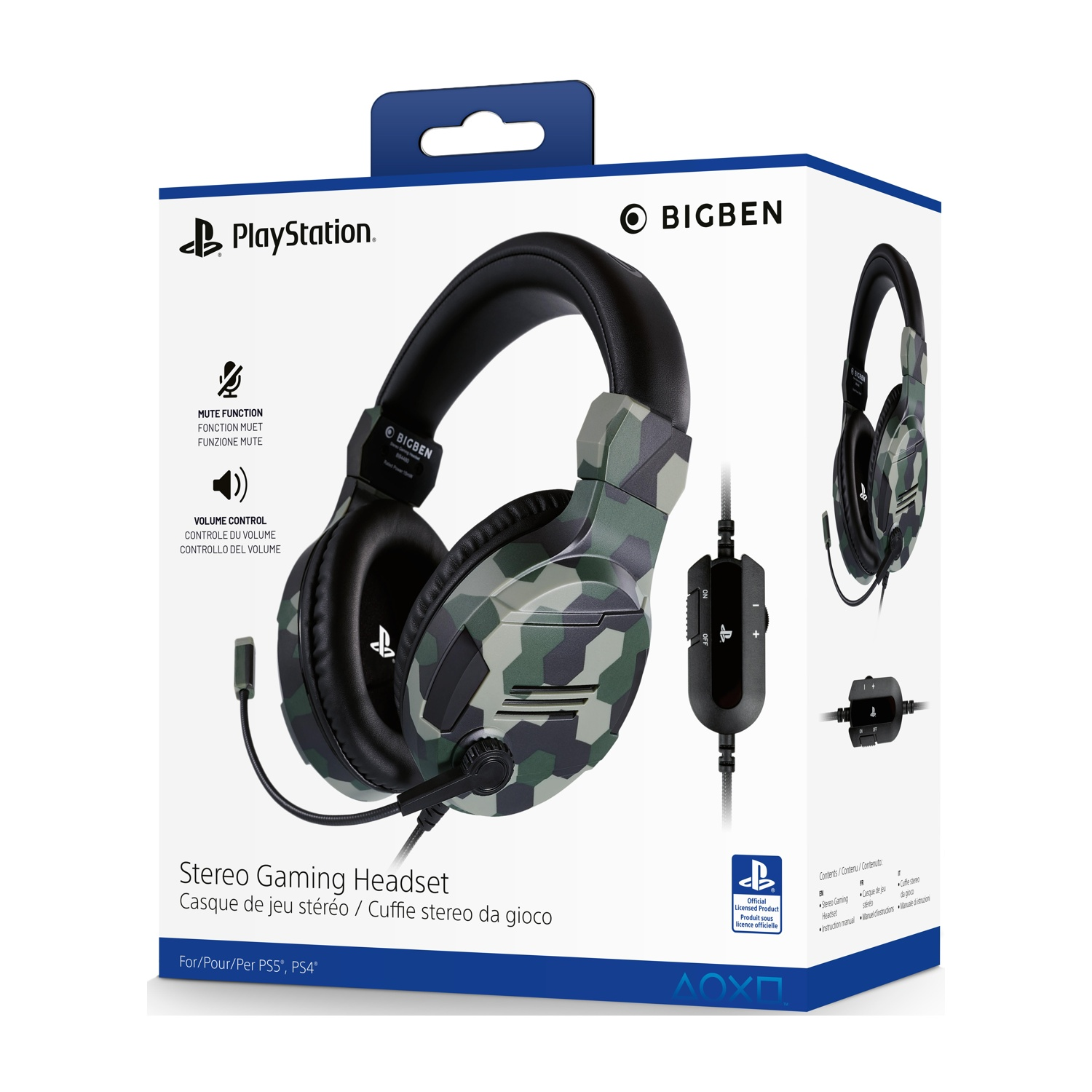 Cuffie da gioco PlayStation in scatola con design mimetico. Include microfono, controllo volume e funzione mute.