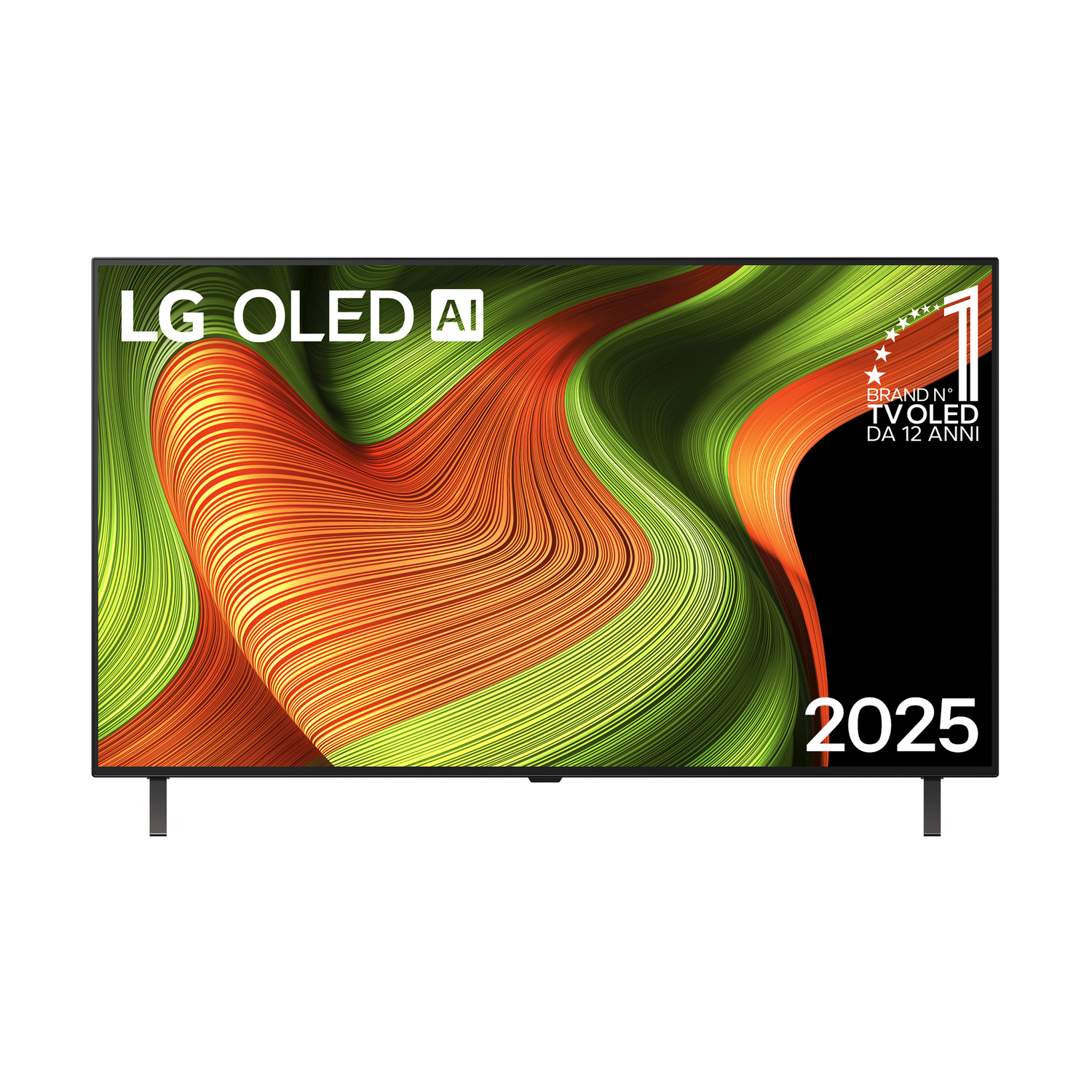 TV LG OLED AI, cornice nera. Lo schermo mostra arte astratta colorata. 2025 è scritto in basso.