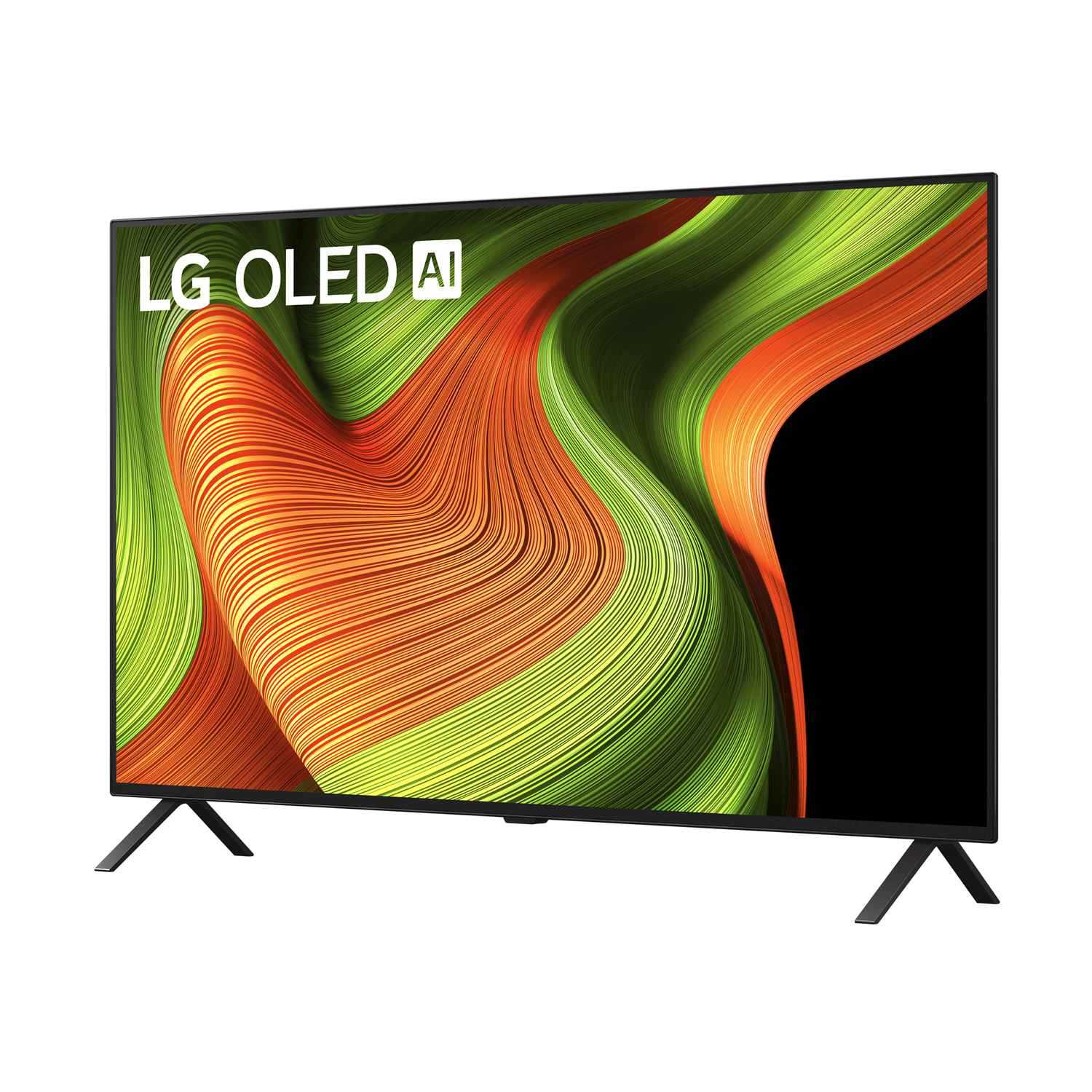 TV LG OLED AI, con colori astratti sullo schermo, cornice nera, supporto nero.