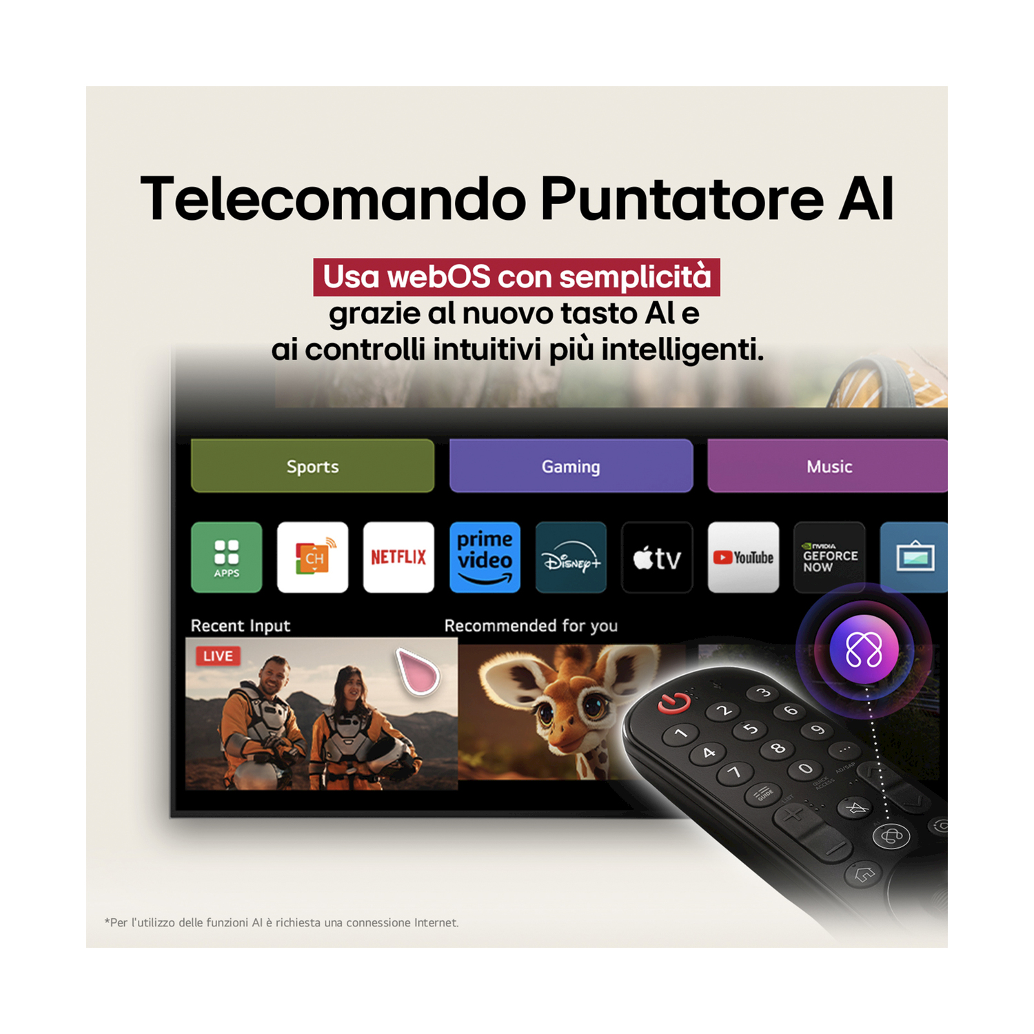 Interfaccia TV sullo schermo con telecomando. Mostra icone delle app e un telecomando.