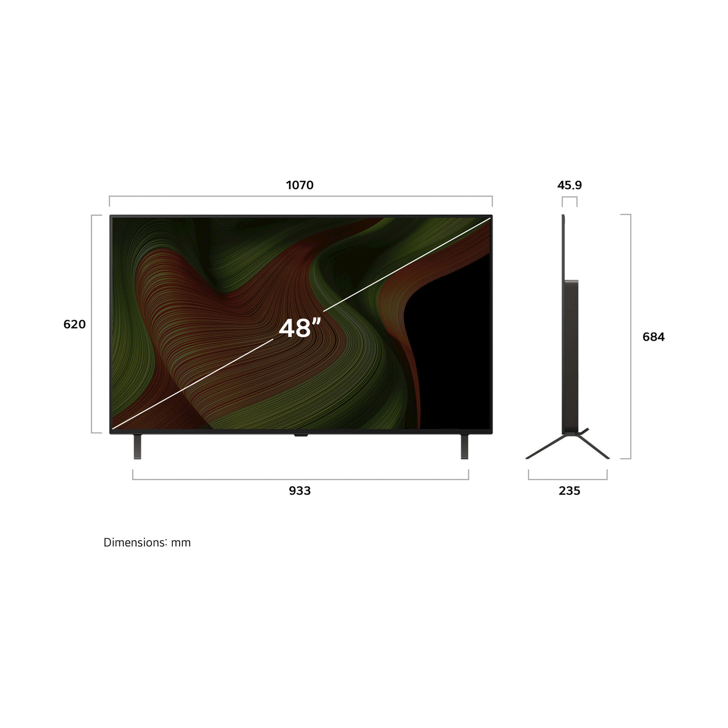 Un televisore con dimensioni indicate, un design astratto verde e arancione sullo schermo e un supporto nero.