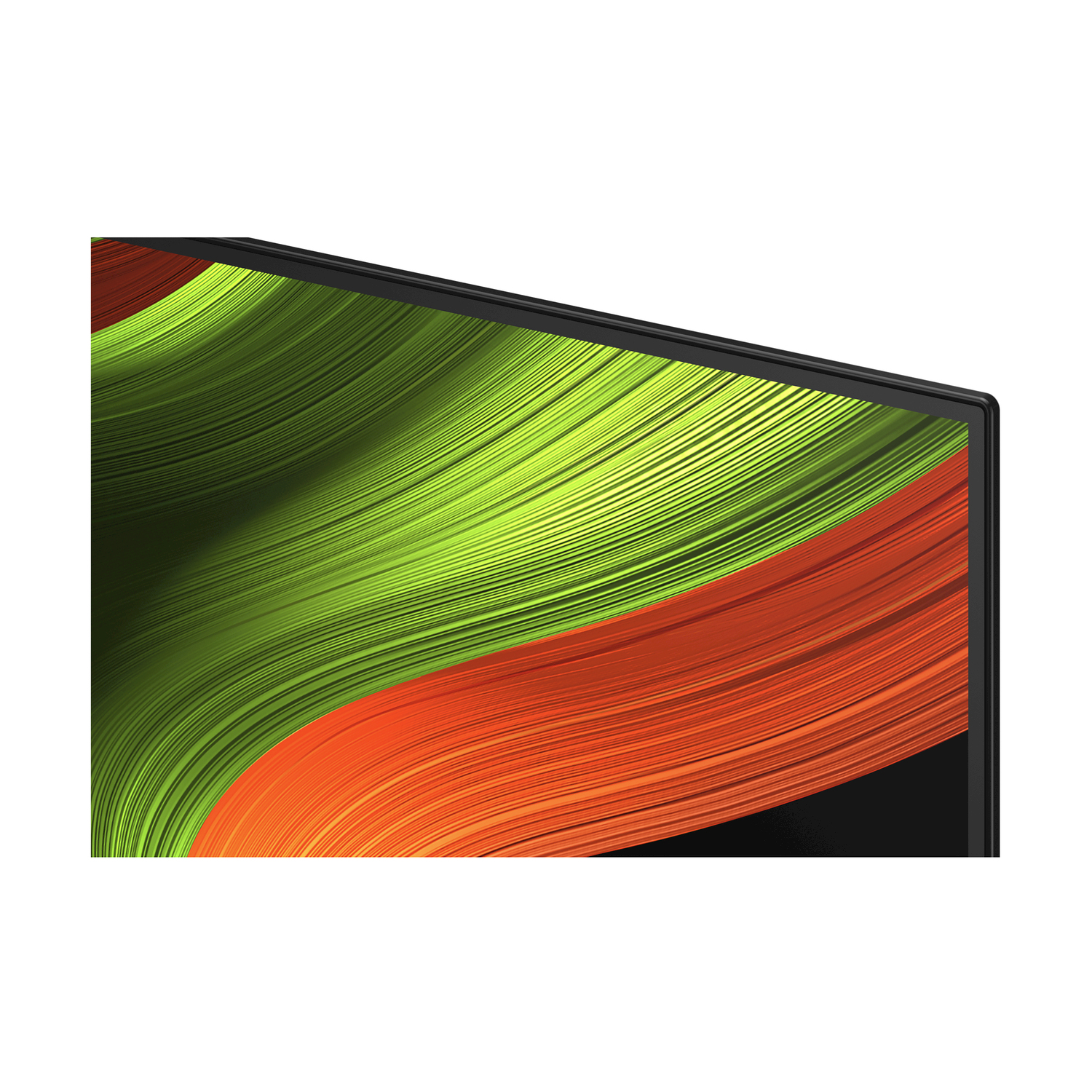 Primo piano di uno schermo TV con arte ondulata in arancione e verde.