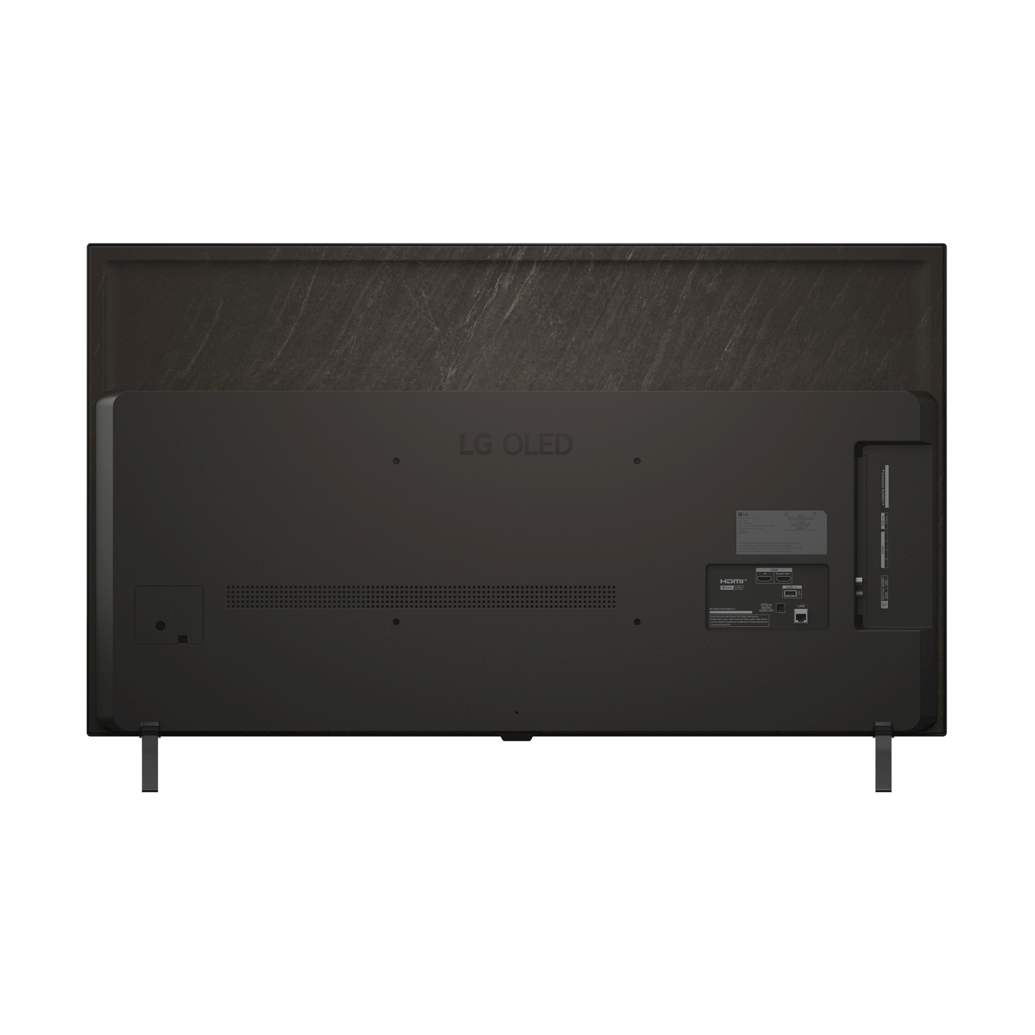 Retro di una TV LG OLED nera con porte e supporto.