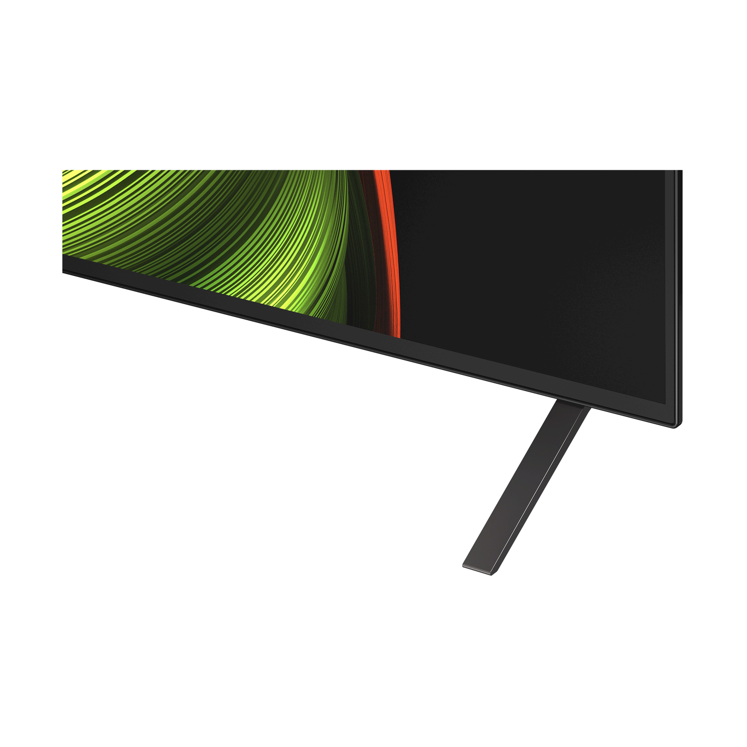 Uno schermo TV nero con base e supporto neri. Un'immagine colorata è sullo schermo.