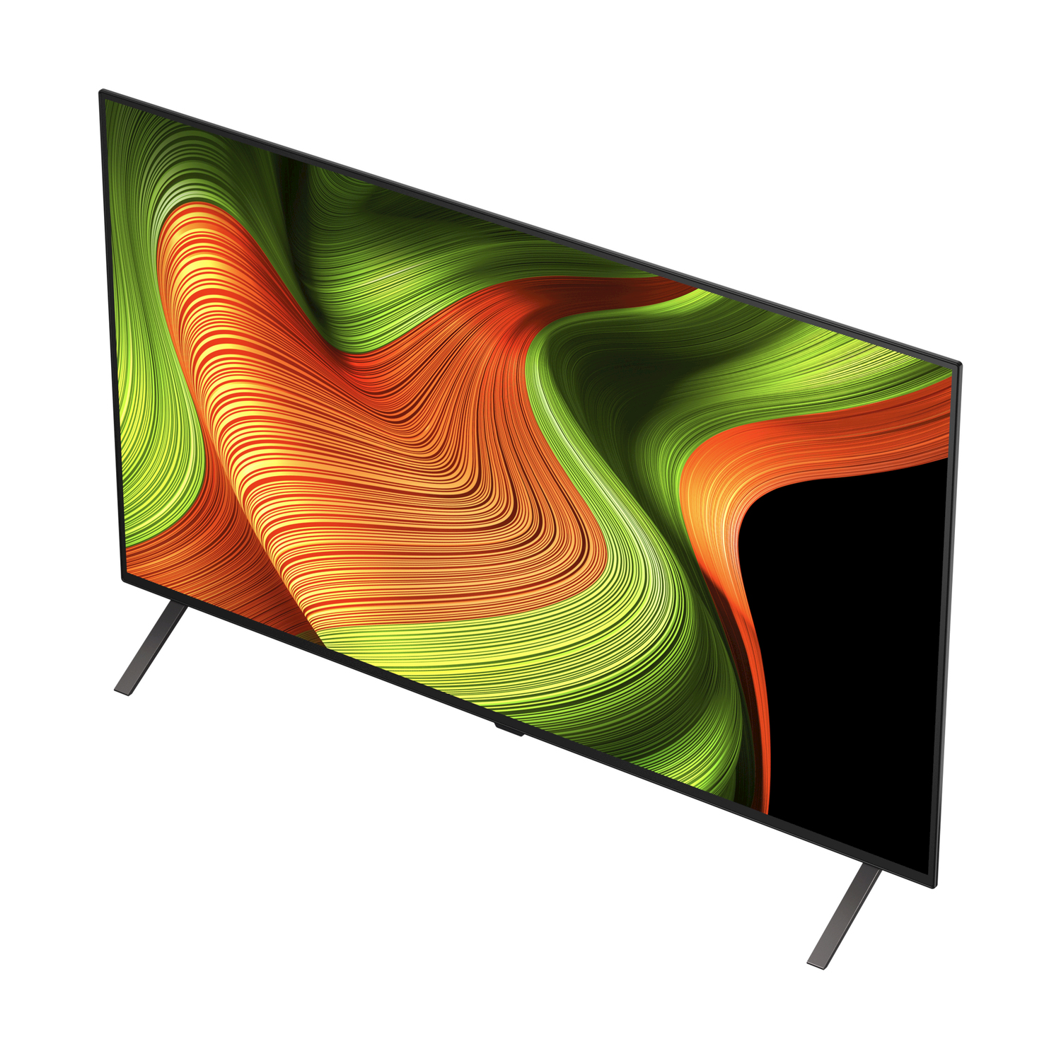 Una TV moderna angolata. Lo schermo mostra arte astratta colorata. Cornice nera, gambe argentate.