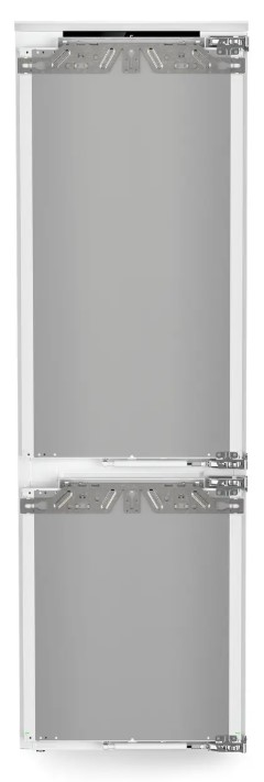 Einbaukühlschrank mit zwei Türen, metallischem Innenraum und weißer Außenseite.