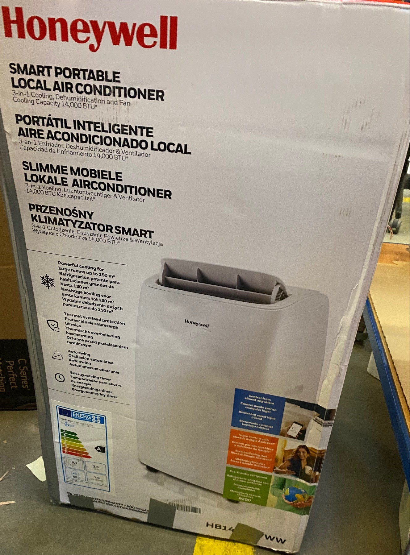 Przenośna klimatyzacja Honeywell, 14 000 BTU, z chłodzeniem, osuszaniem i wentylatorem.