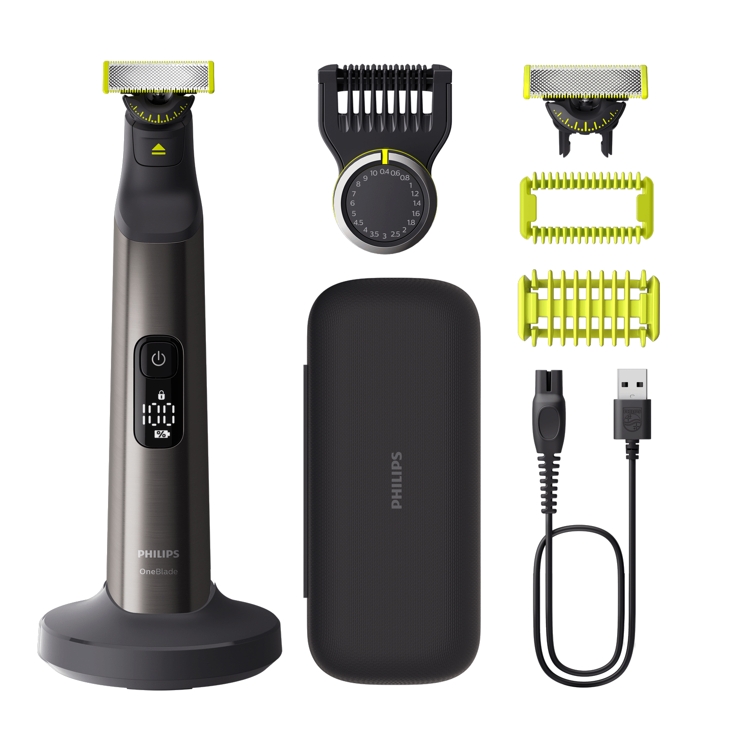 Philips OneBlade electric shaver and accessories on a black background.