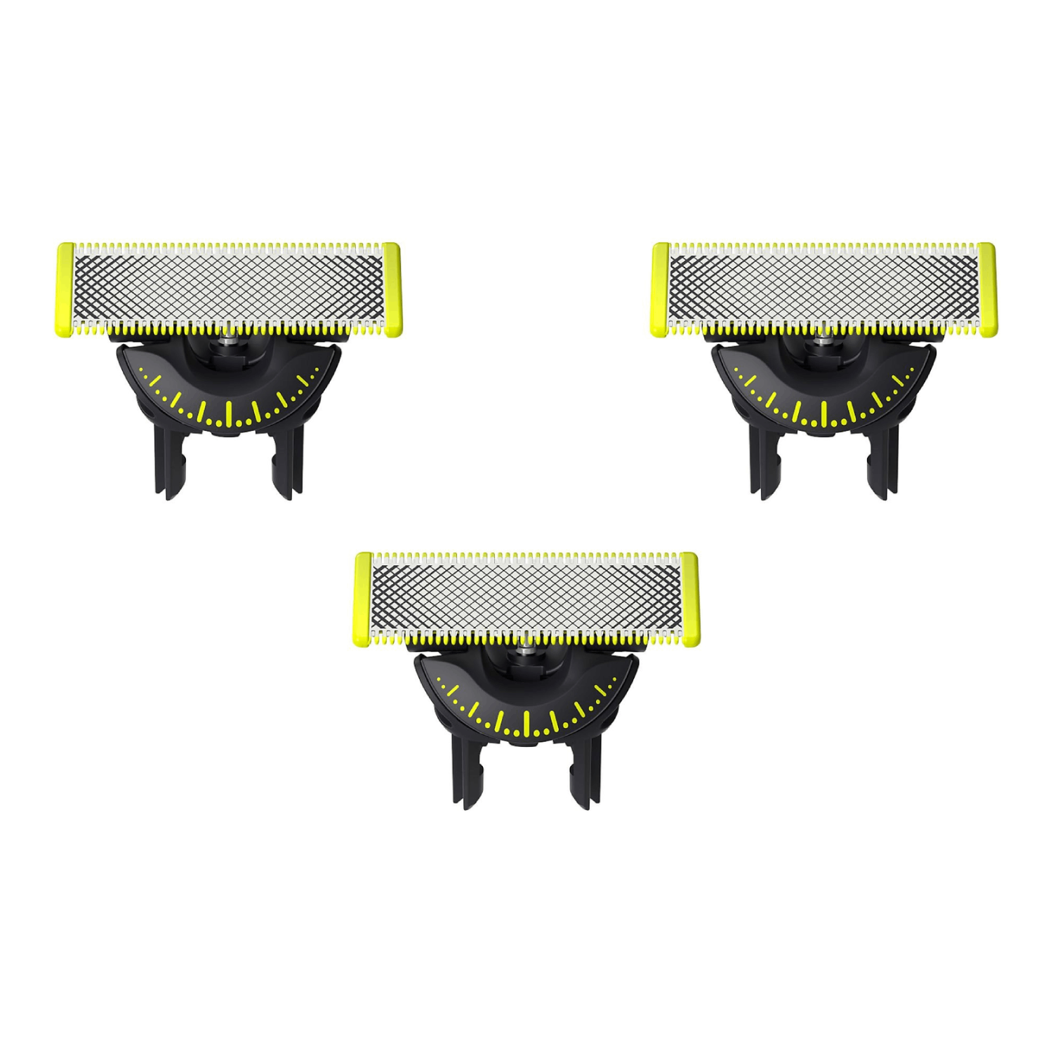 Three yellow and black shaver heads on a white background. The head has a grid.