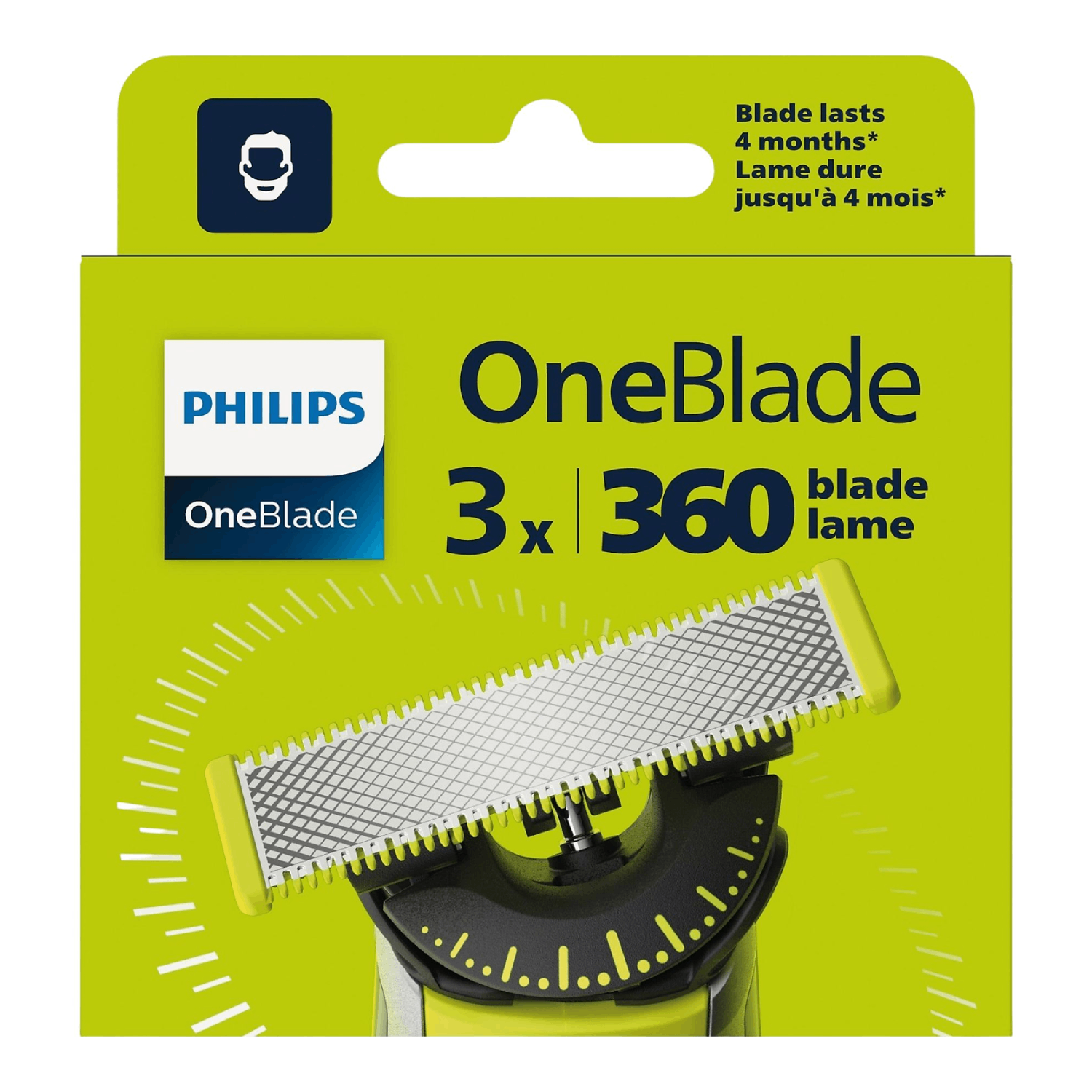 Close up of a Philips OneBlade blade. It is yellow and gray with text.