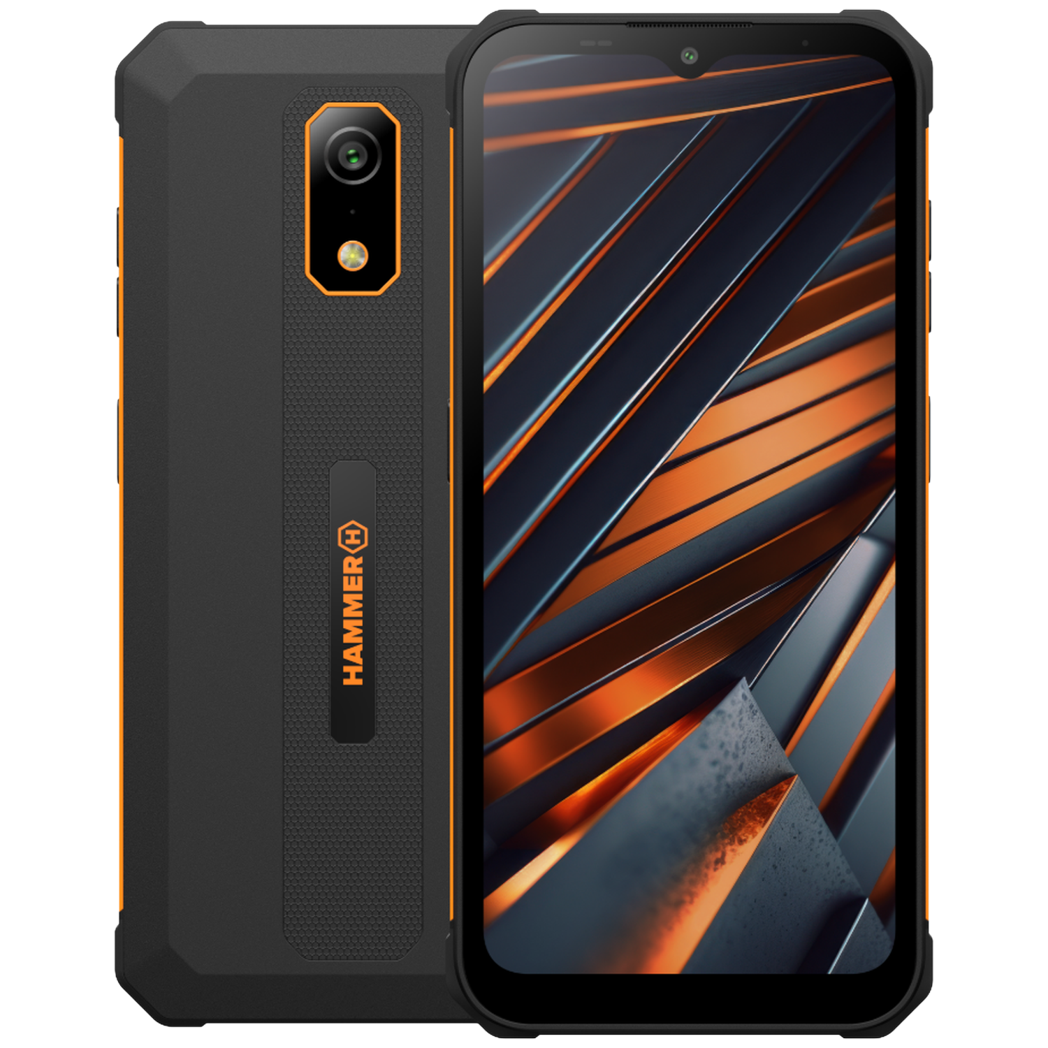 Zwarte en oranje smartphone. De achterkant heeft een camera en de merknaam. Het scherm toont een abstract ontwerp.