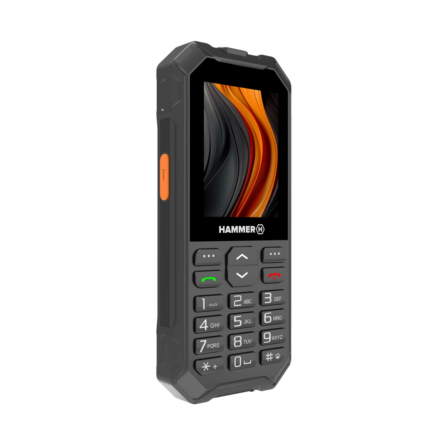 A rugged, dark gray Hammer phone. It has a screen displaying orange and black abstract art. The phone has a keypad and orange button.