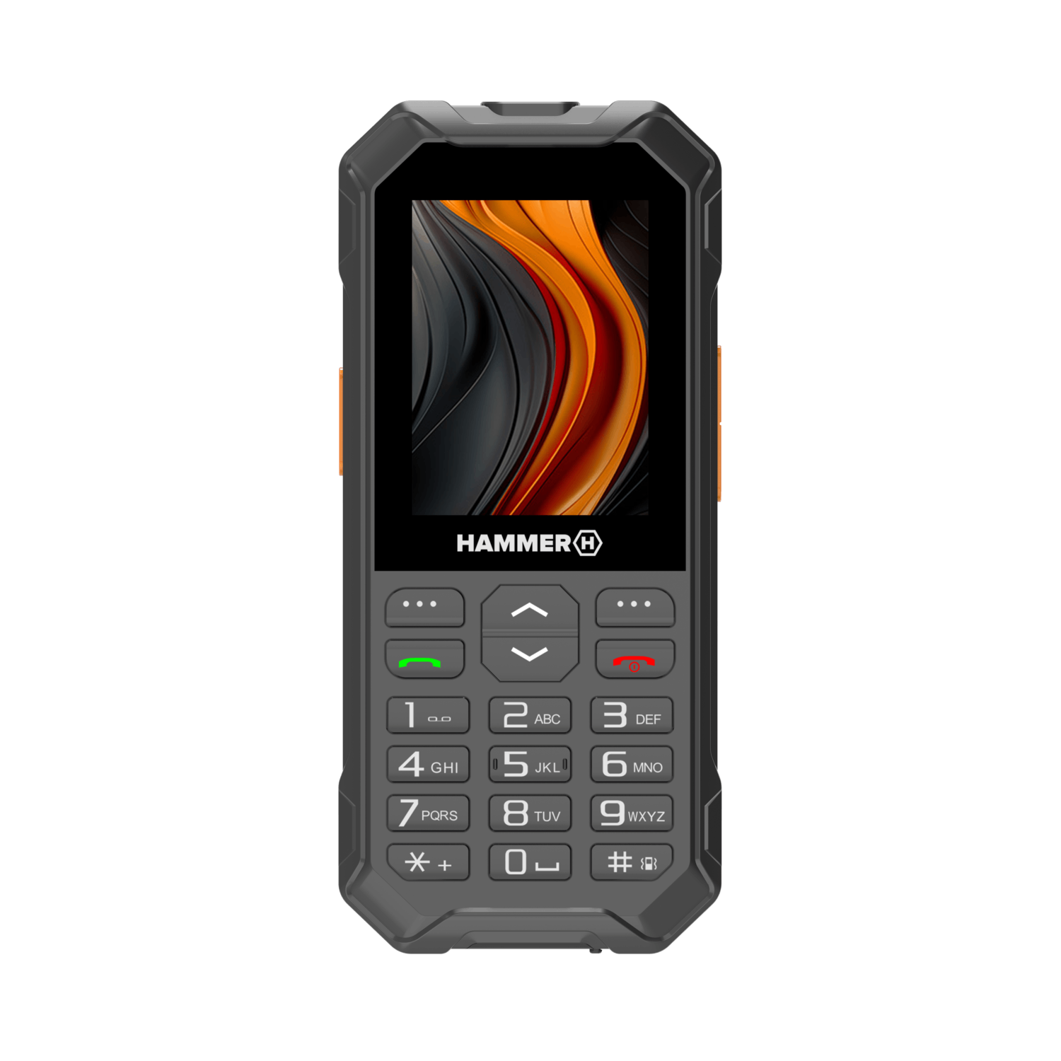 A black HAMMER phone with orange accents, screen displays abstract orange and black design, keypad with numbers and function keys.
