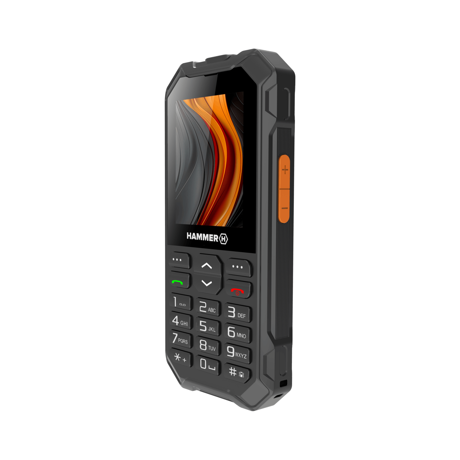 A black and orange rugged phone with a screen displaying an abstract design. It has a keypad and orange side buttons.