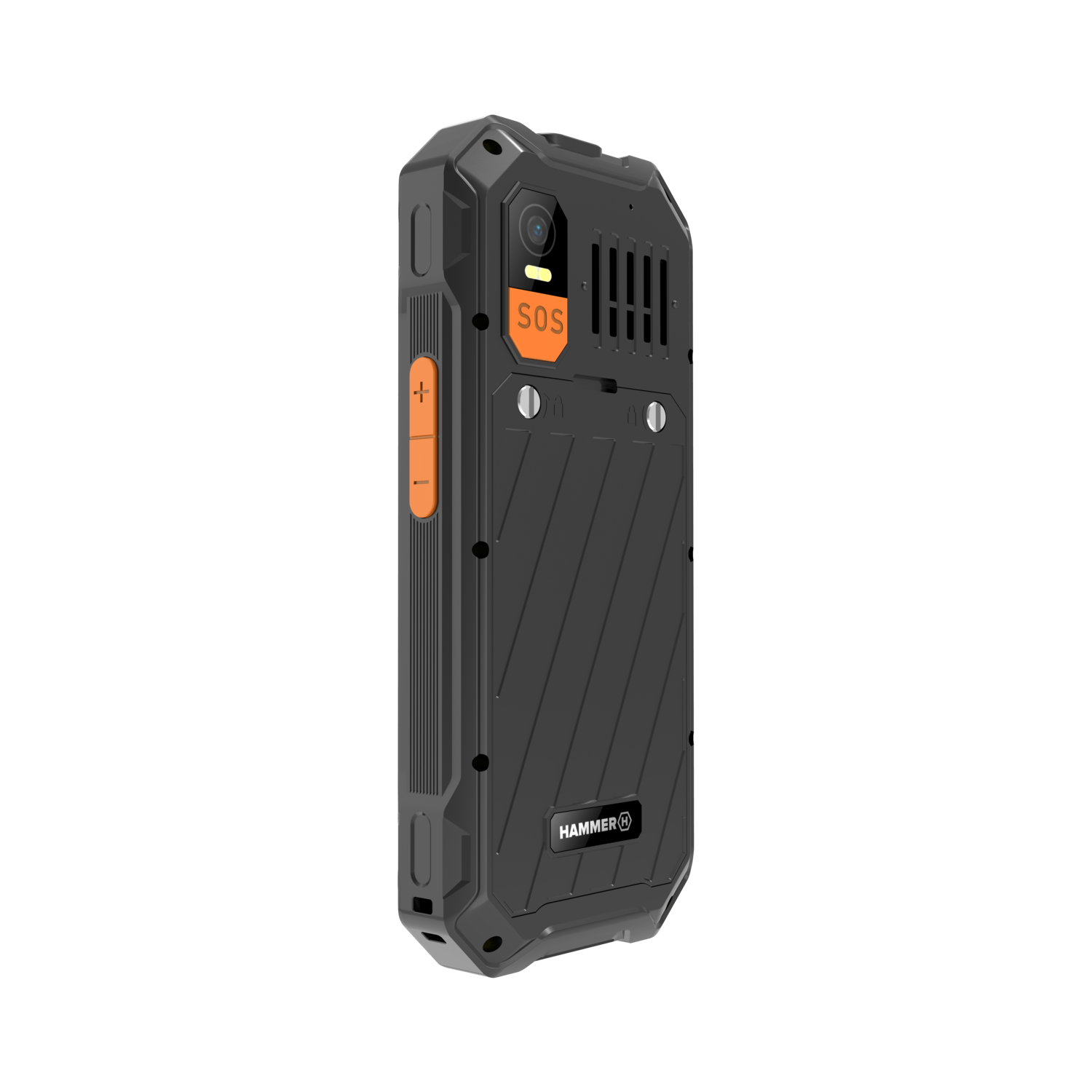 Rugged black smartphone with orange accents. Features SOS button, camera, and HAMMER logo. Buttons on the side.