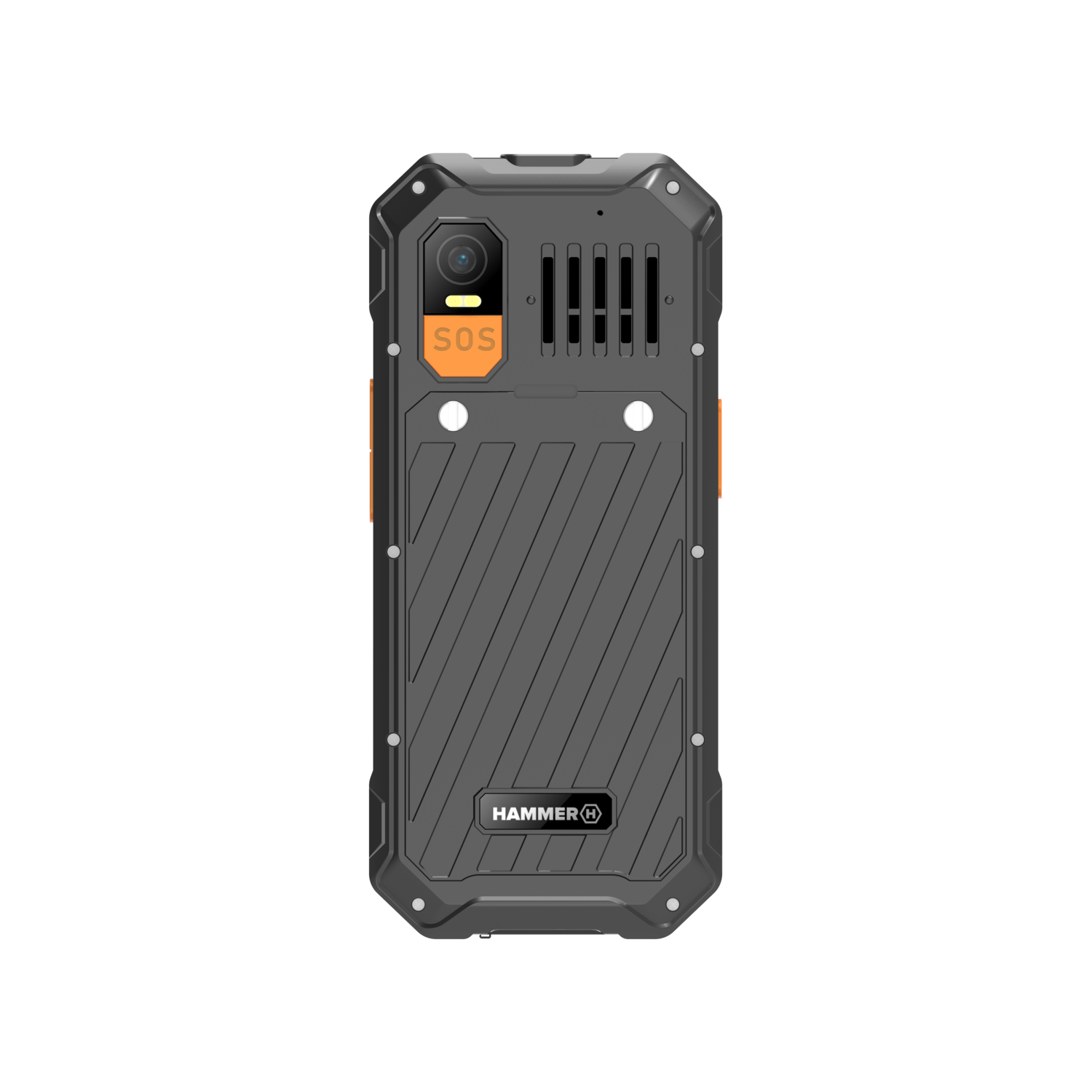 The back of a black rugged smartphone. It features a camera, SOS button, speaker, and the Hammer logo. The phone has orange accents.
