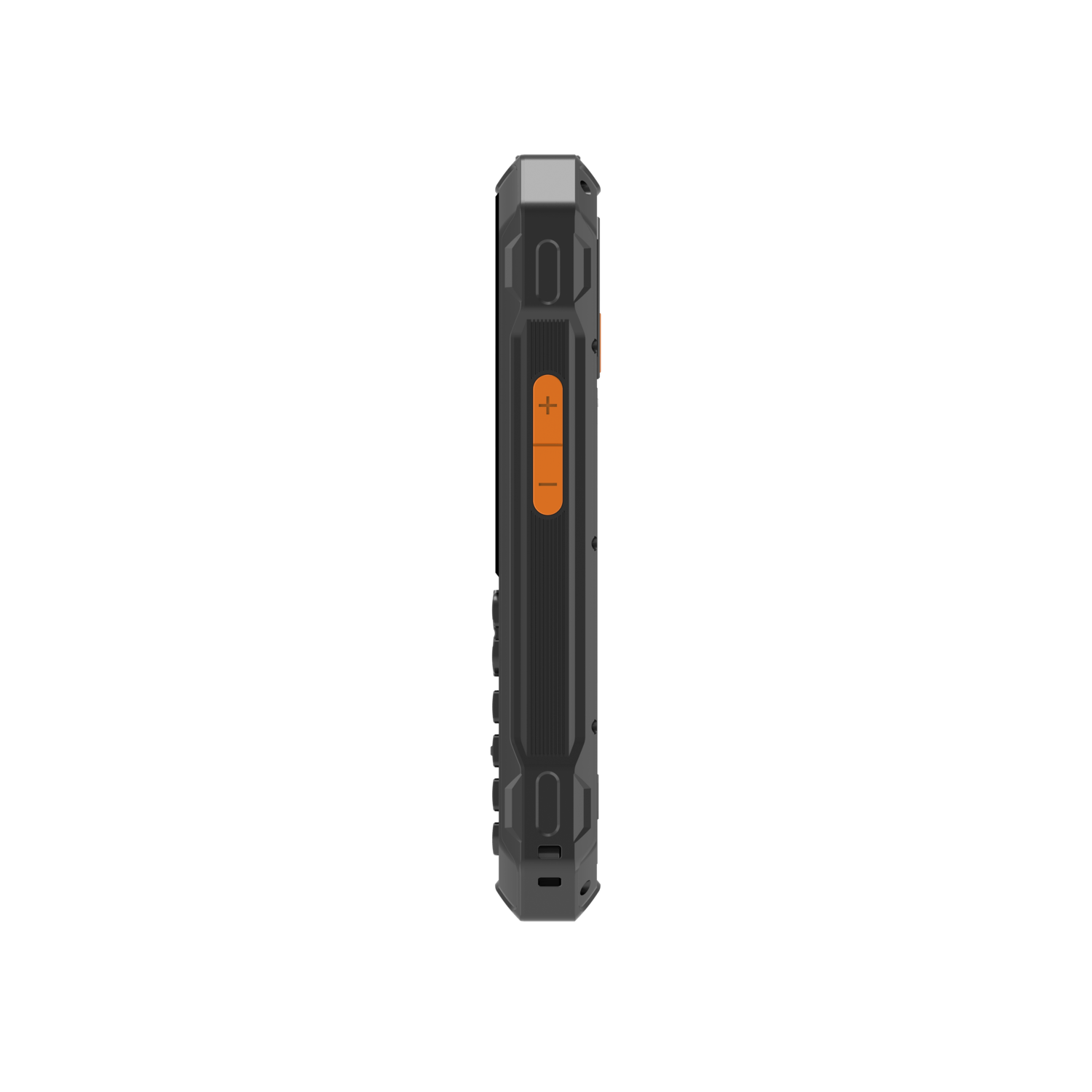 Side view of a rugged smartphone. It has black and gray casing with orange volume buttons. The background is plain white.