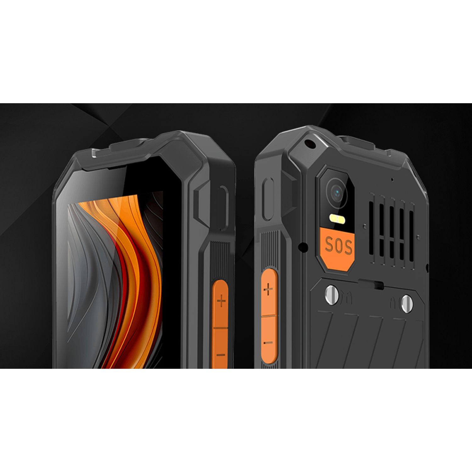 Two black smartphones with orange accents. One shows screen detail, the other has SOS button and camera.