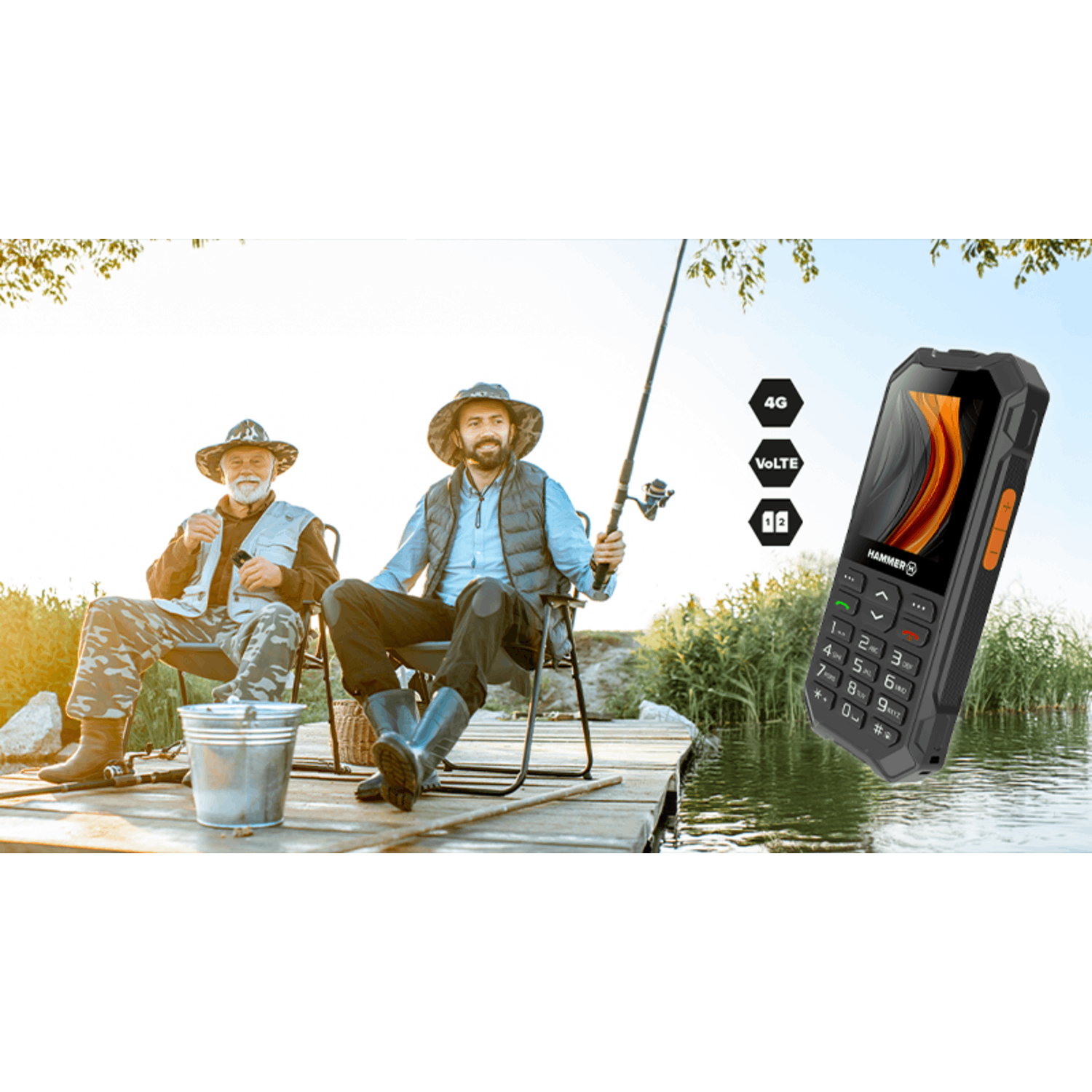 Two men fishing on a dock. A phone is on the right. The phone is black with orange accents. 4G, VoLTE, and dual SIM icons are displayed.