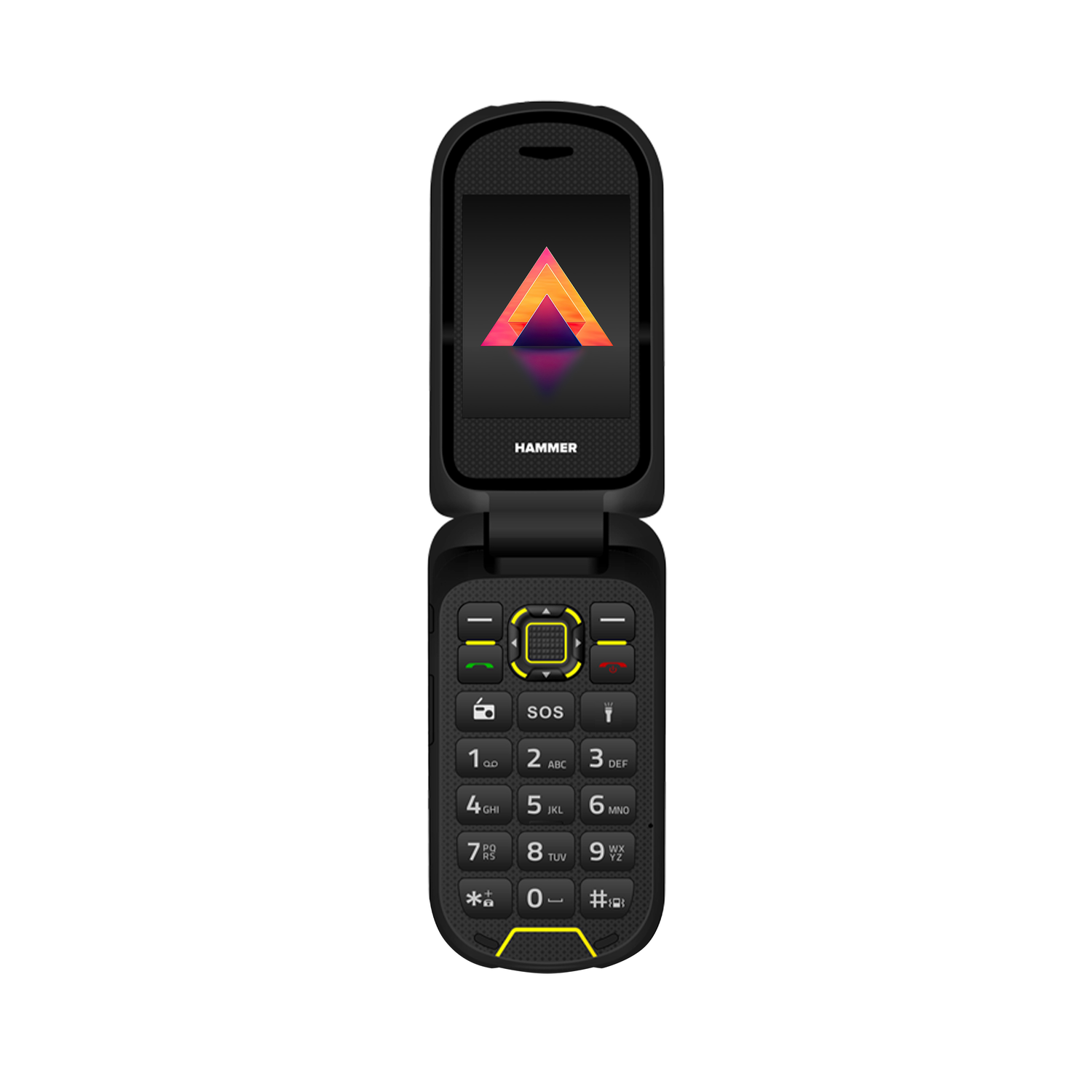 A black flip phone is open. The top screen displays a colorful triangle graphic, and the bottom shows a keypad with numbers and function keys.