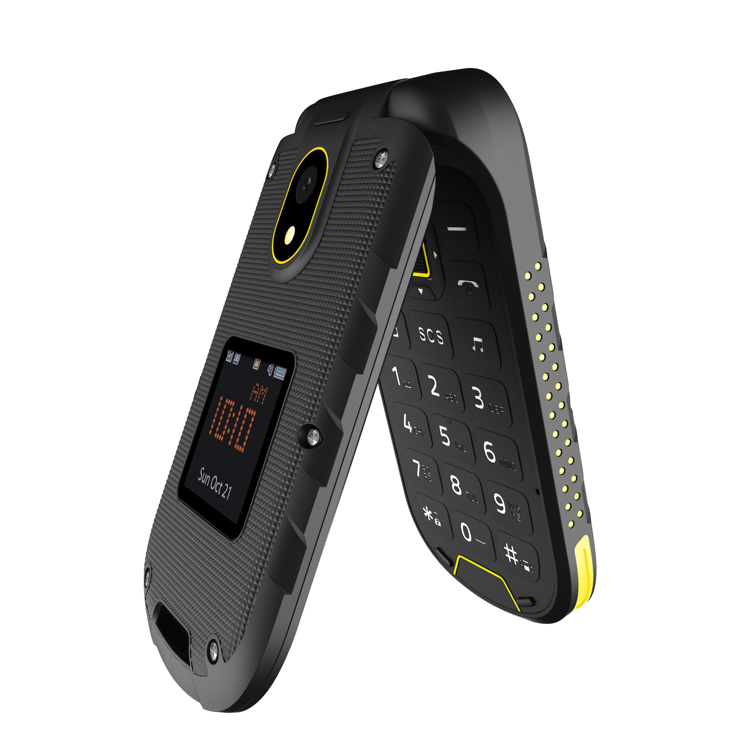 A black flip phone is open. The screen shows the time and date. The keypad is visible on the bottom half with yellow accents.